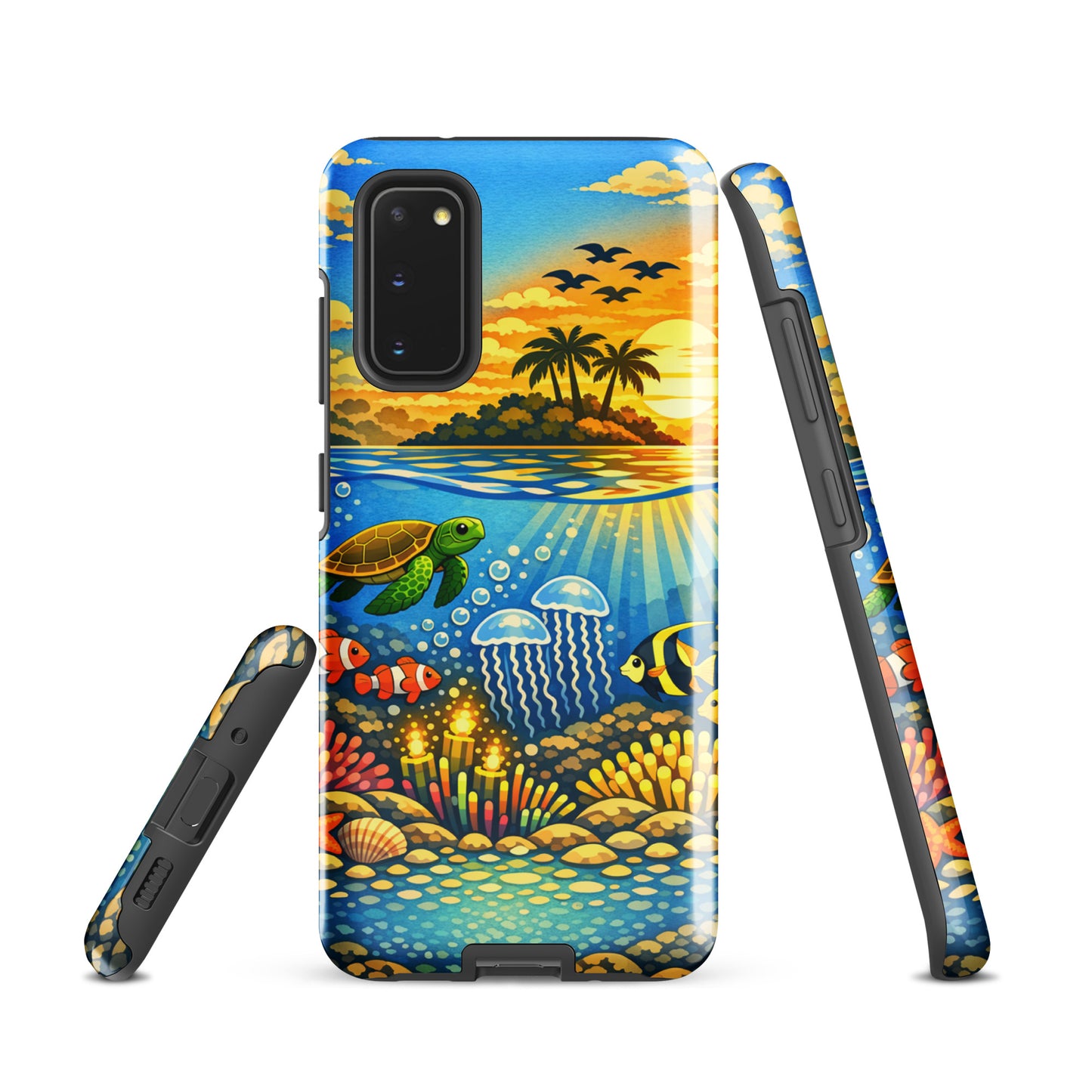 Phone Case for Samsung Galaxy with tropical sunset and underwater reef design featuring sea turtles and coral.