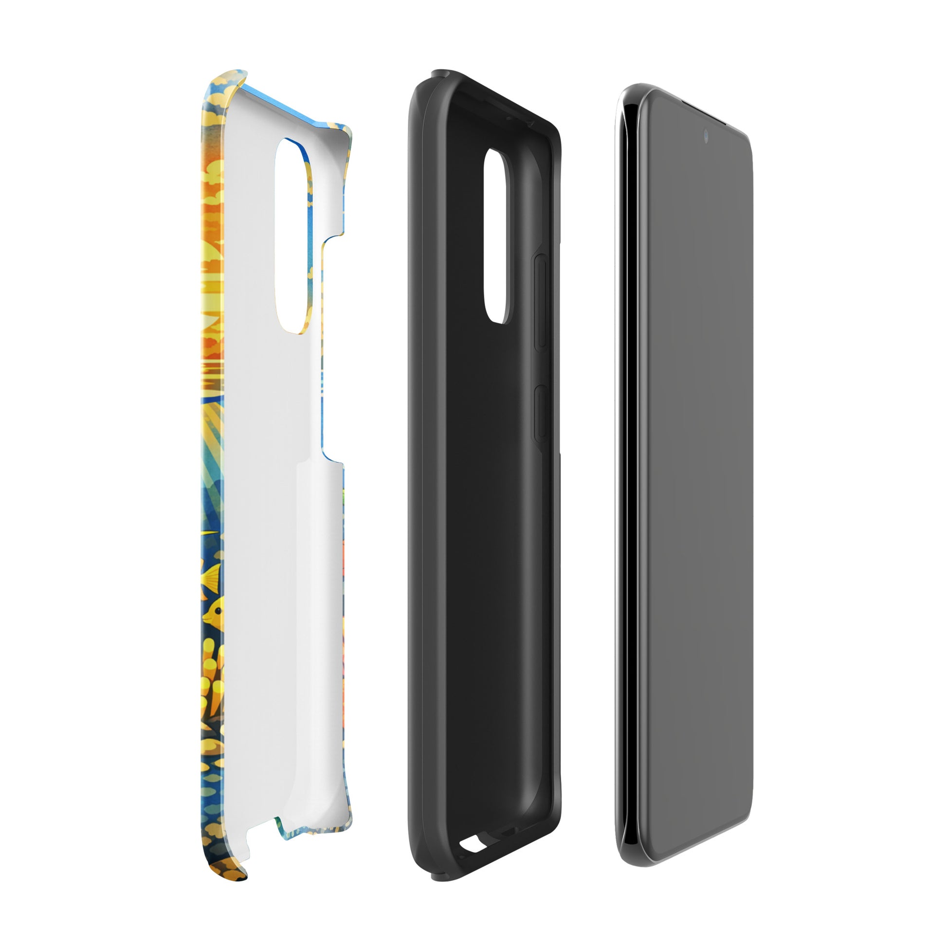 Phone Case for Samsung Galaxy with Tropical Sunset & Reef design in three parts showcasing vibrant marine life print.