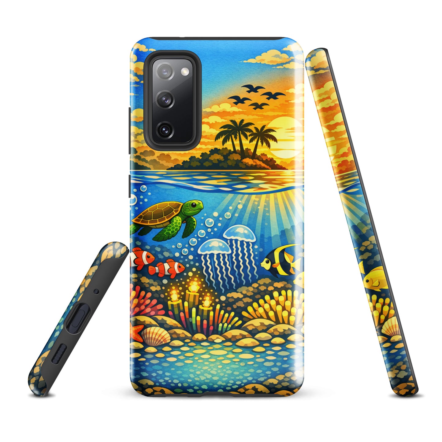 Phone Case for Samsung Galaxy featuring tropical sunset and underwater reef with sea turtles and coral.