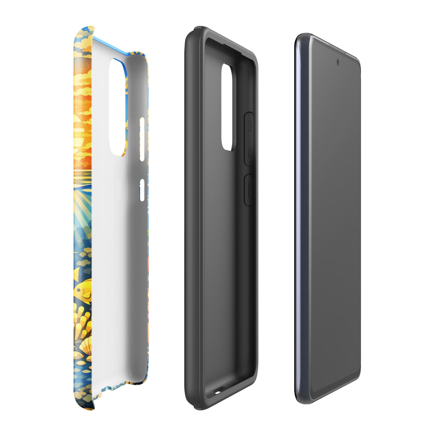 Phone Case for Samsung Galaxy with tropical sunset and underwater reef design showing case structure and vibrant illustration.