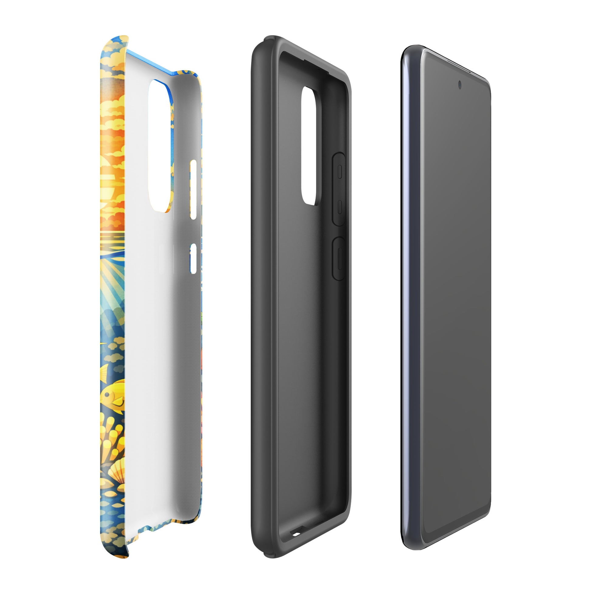Phone Case for Samsung Galaxy with tropical sunset and underwater reef design showing case structure and vibrant illustration.