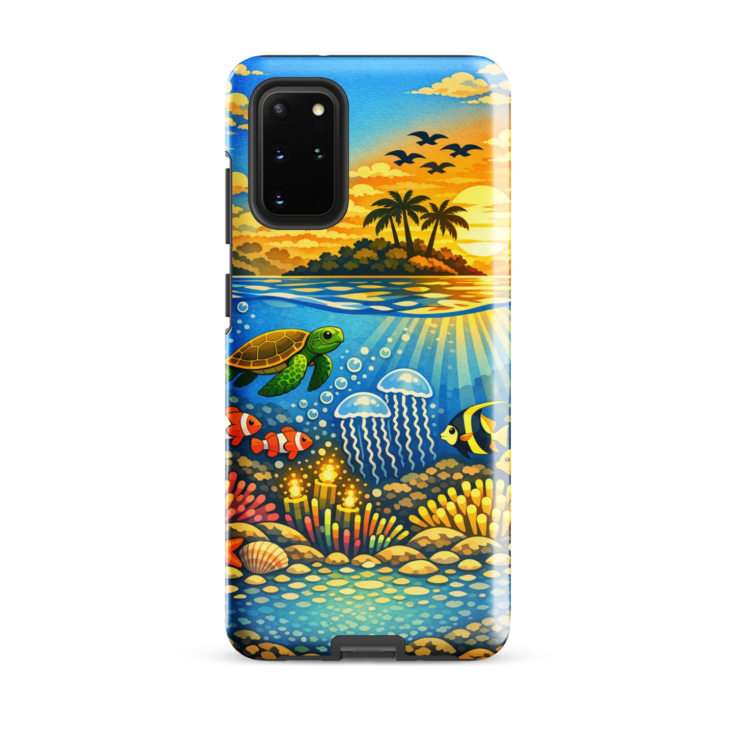 Phone Case for Samsung Galaxy with tropical sunset and underwater reef featuring turtles and coral.