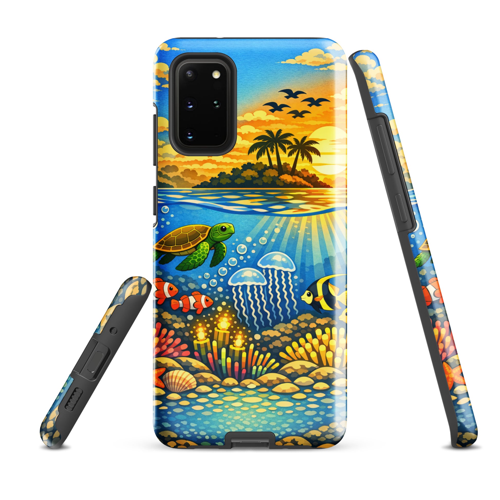 Phone Case featuring tropical sunset and underwater reef for Samsung Galaxy, with sea turtles, clownfish, jellyfish, and coral.