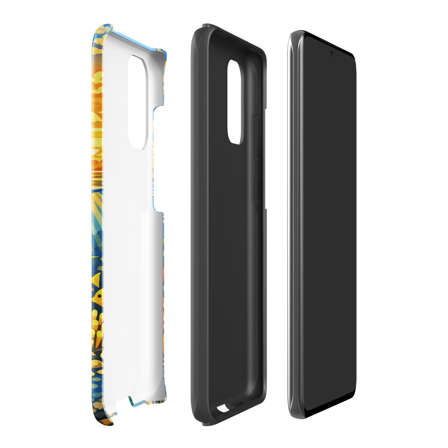 Phone Case for Samsung Galaxy with tropical sunset and underwater reef design, showcasing vibrant marine life and scenic island views.