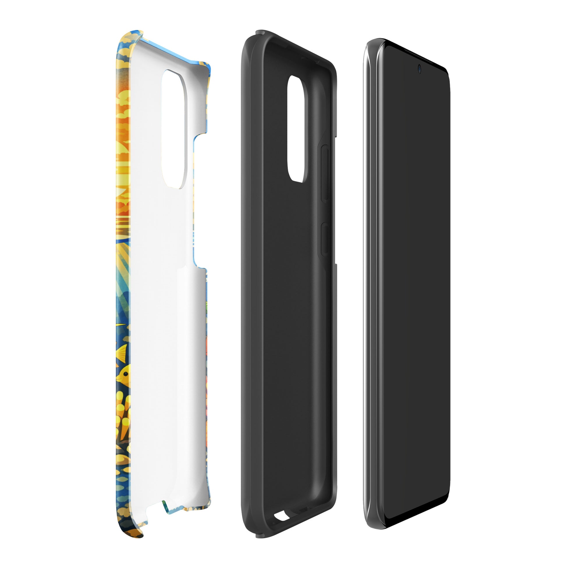 Phone Case for Samsung Galaxy with tropical sunset and underwater reef design, showcasing vibrant marine life and scenic island views.