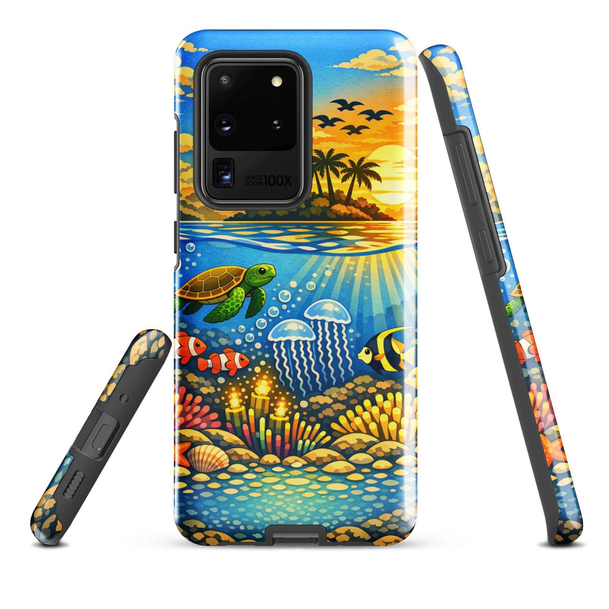 Phone Case for Samsung Galaxy featuring tropical sunset, palm island, underwater reef with turtles, clownfish, jellyfish, and coral