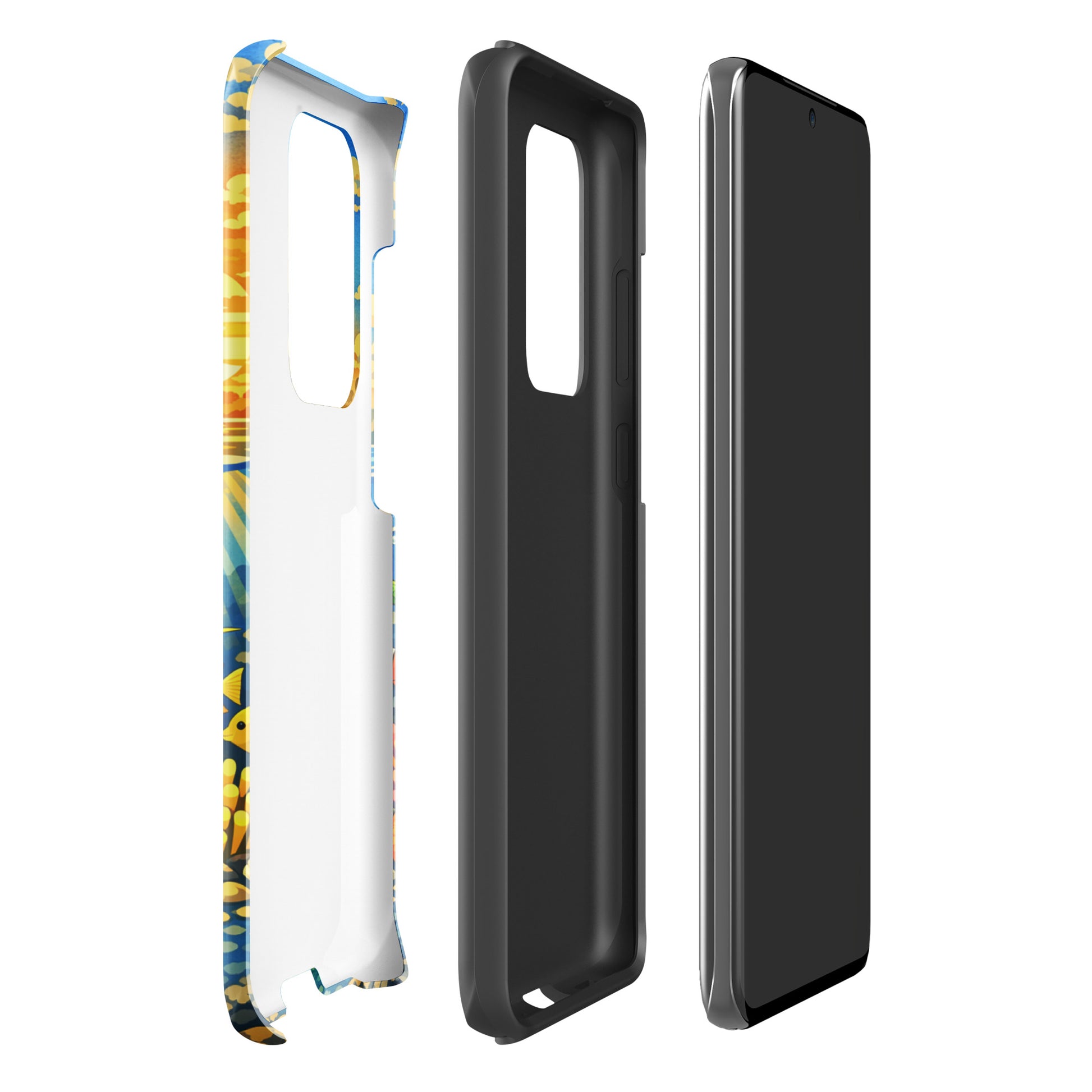 Phone Case for Samsung Galaxy with tropical sunset and underwater reef design showing vibrant marine life.