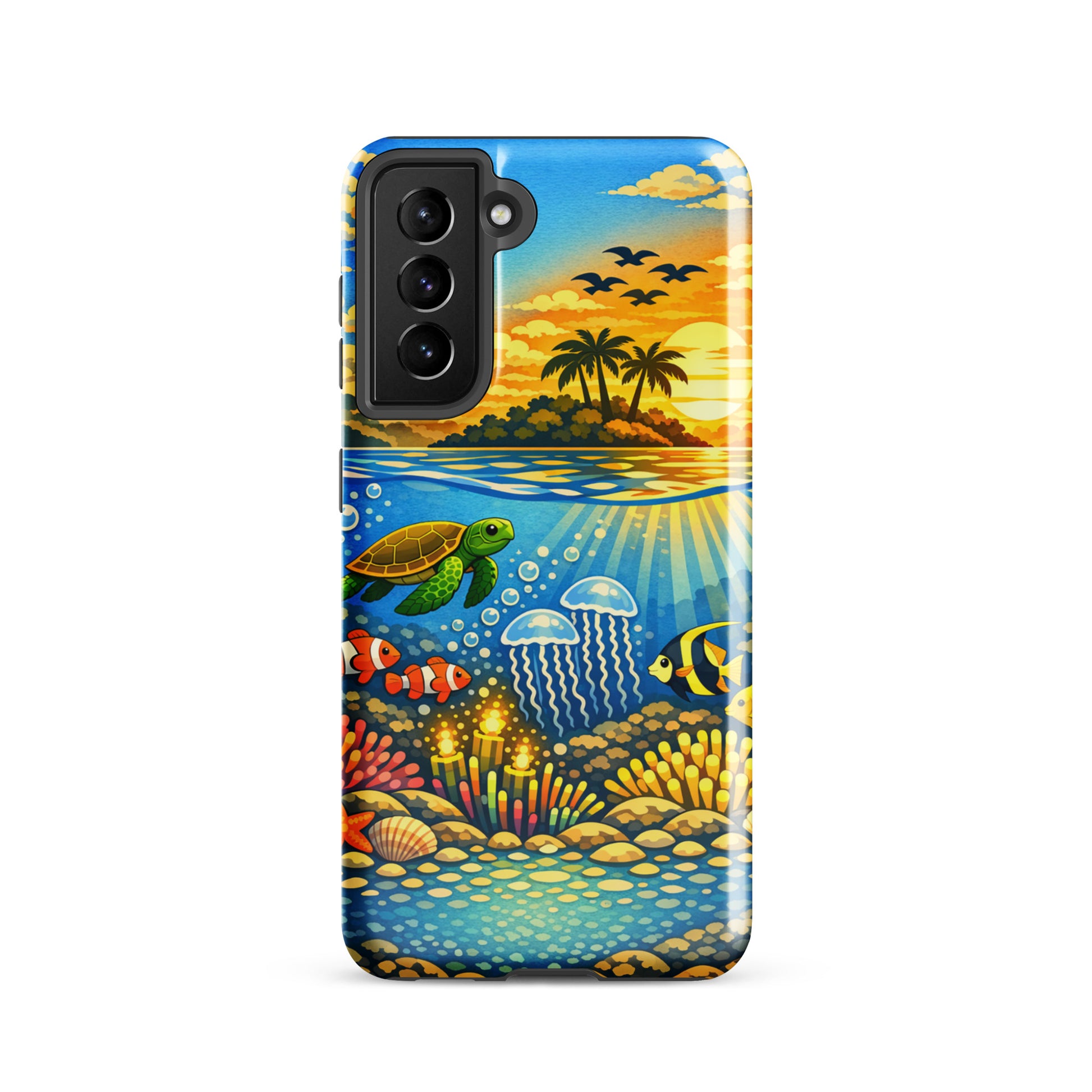 Phone Case for Samsung Galaxy with tropical sunset and underwater reef illustration featuring sea turtles, fish, and coral.