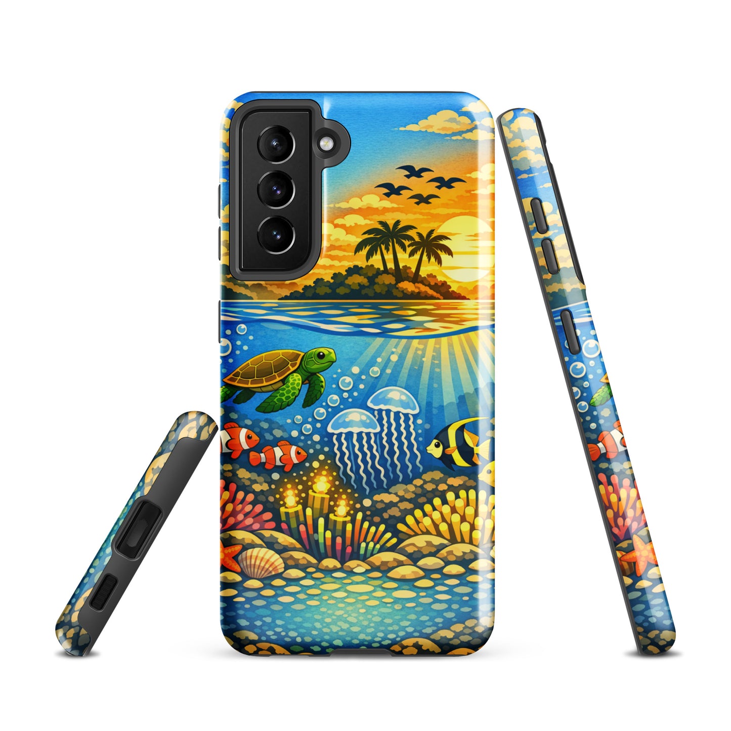 Phone Case for Samsung Galaxy with tropical sunset and underwater reef featuring sea turtles and coral design