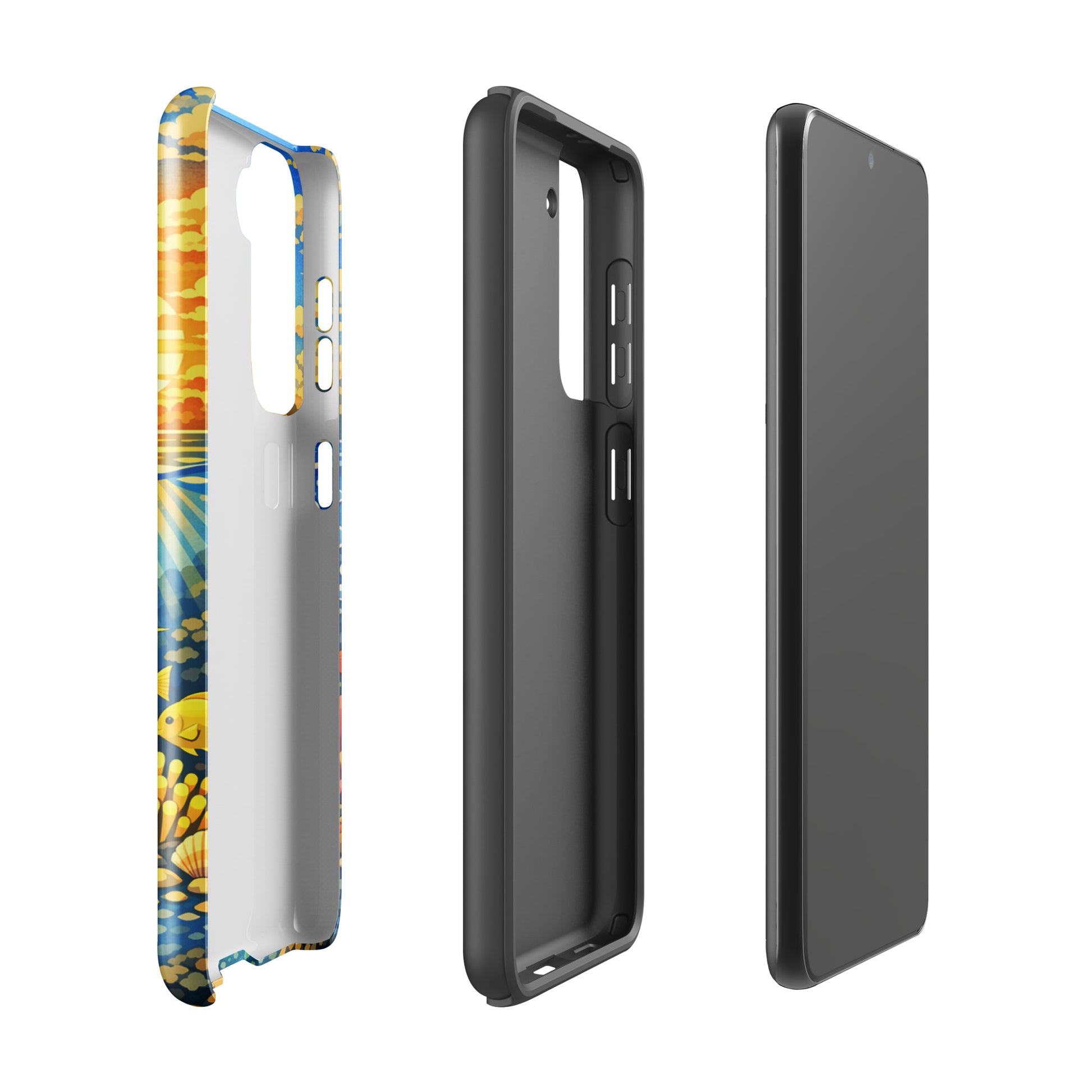 Phone Case for Samsung Galaxy with Tropical Sunset and Underwater Reef design showing vibrant marine life and island scenery.