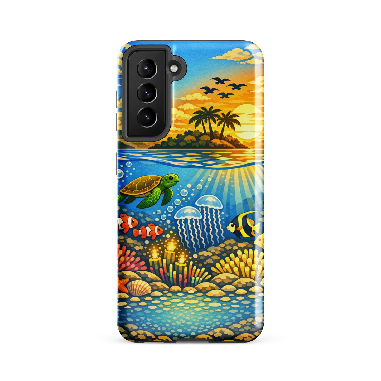 Phone Case for Samsung Galaxy with tropical sunset and underwater reef featuring sea turtles, clownfish, jellyfish, and coral.