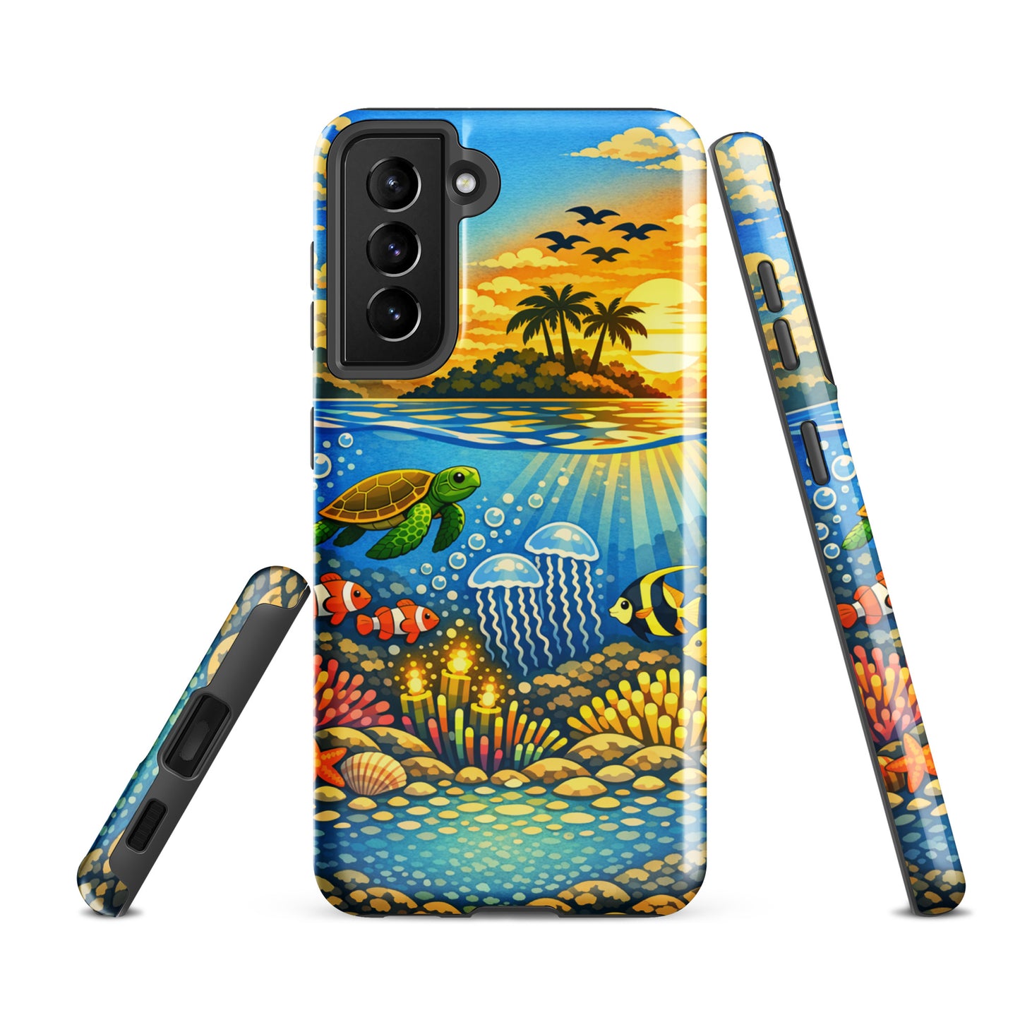 Phone Case for Samsung Galaxy with tropical sunset and underwater reef featuring sea turtles, clownfish, jellyfish, and coral design