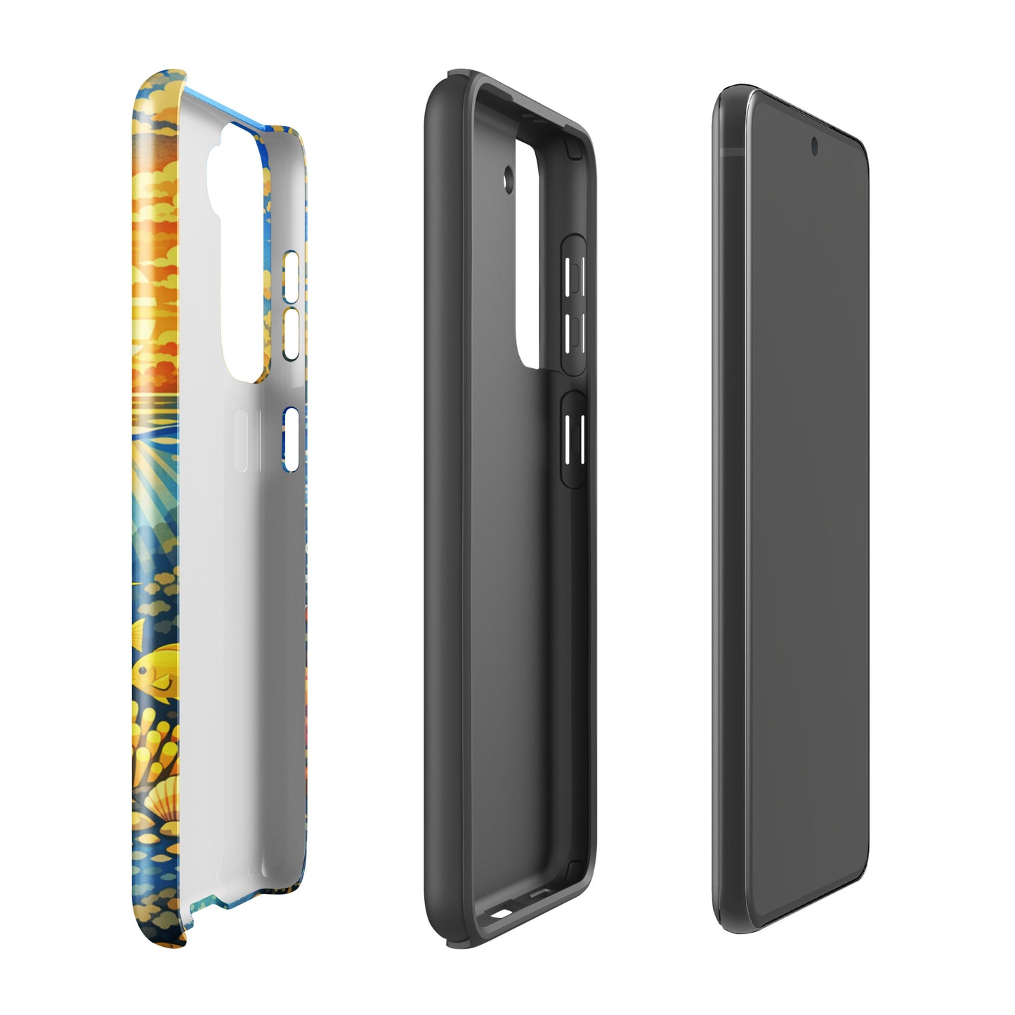 Phone Case for Samsung Galaxy with tropical sunset and reef design, featuring marine life and coral, side and front views