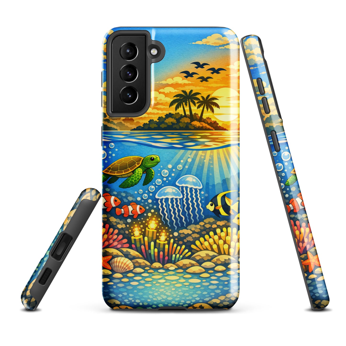 Phone Case for Samsung Galaxy featuring tropical sunset and underwater reef with sea turtles and coral.