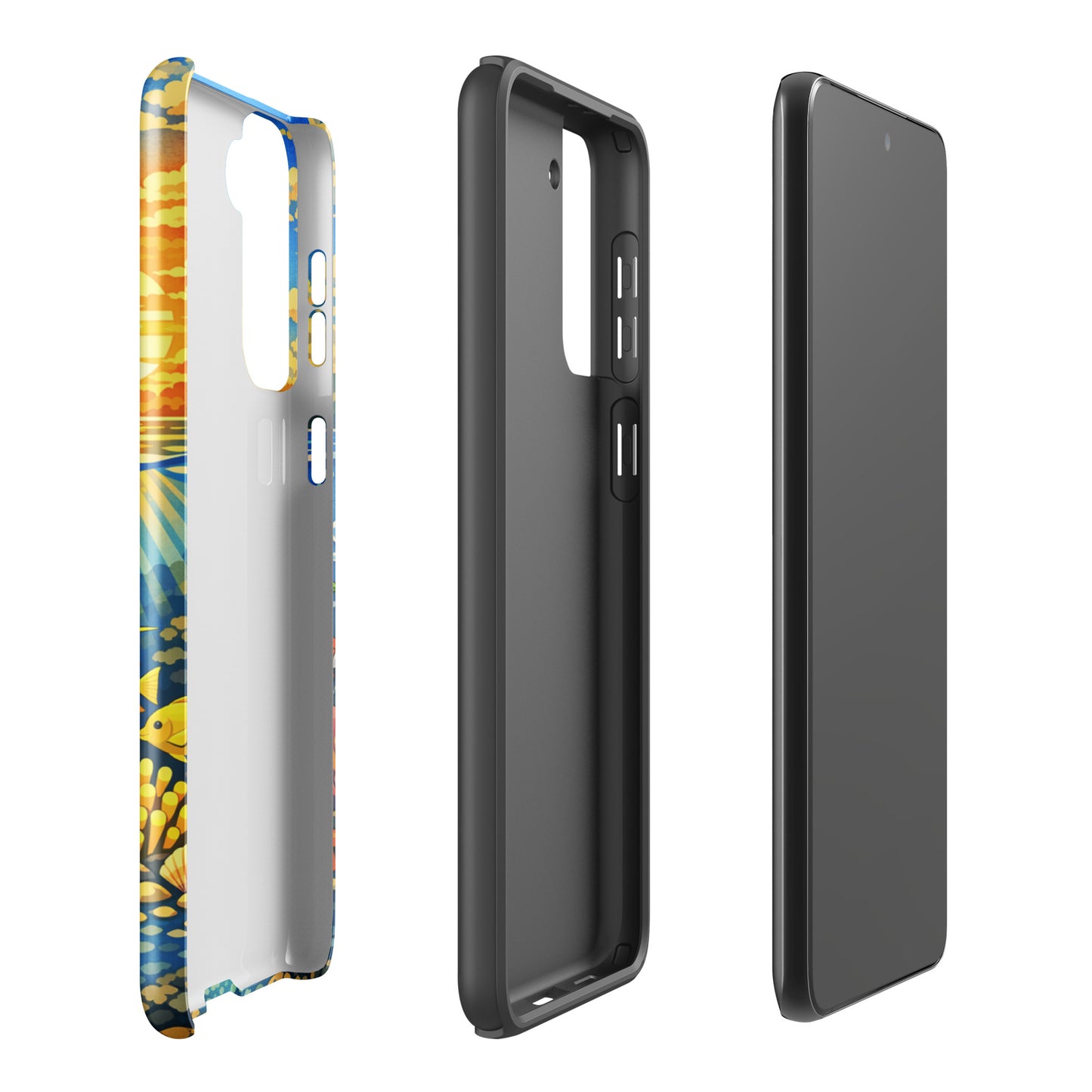 Phone Case for Samsung Galaxy with tropical sunset and underwater reef design, featuring vivid marine life and coral details.