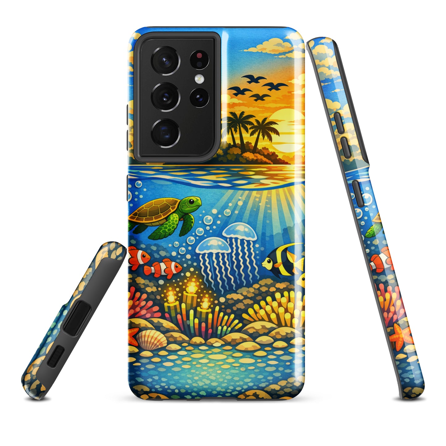 Phone Case for Samsung Galaxy with tropical sunset and vibrant underwater reef design featuring turtles and clownfish.
