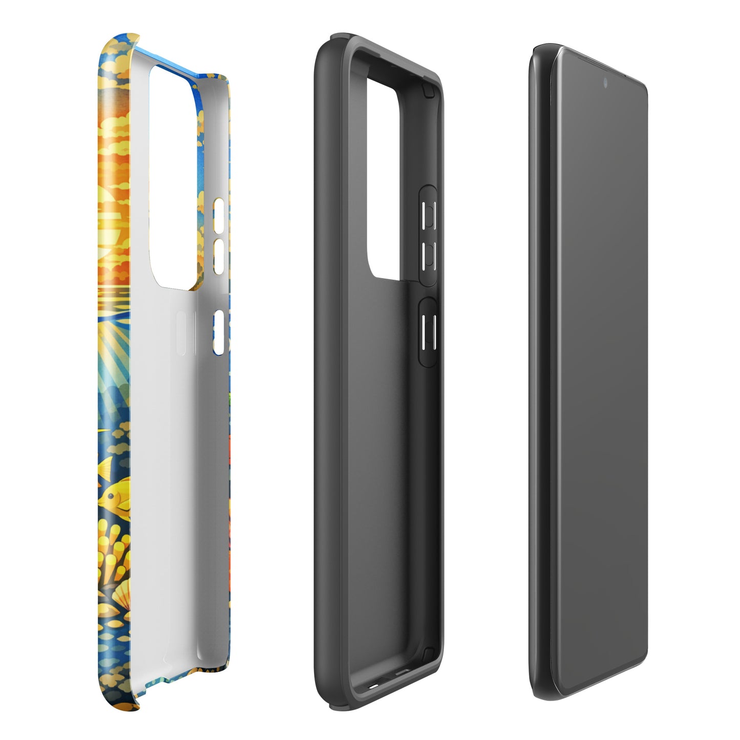 Phone Case for Samsung Galaxy featuring tropical sunset and underwater reef design with sea turtles and coral.