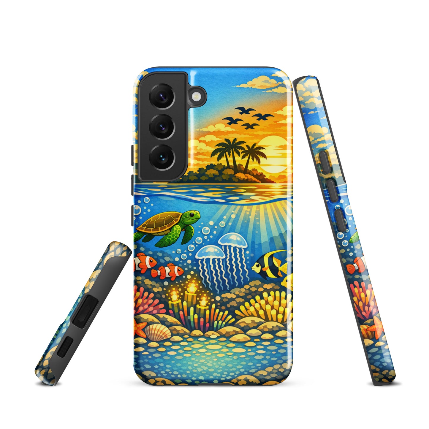 Phone Case for Samsung Galaxy with tropical sunset and underwater reef design featuring sea turtles and coral.