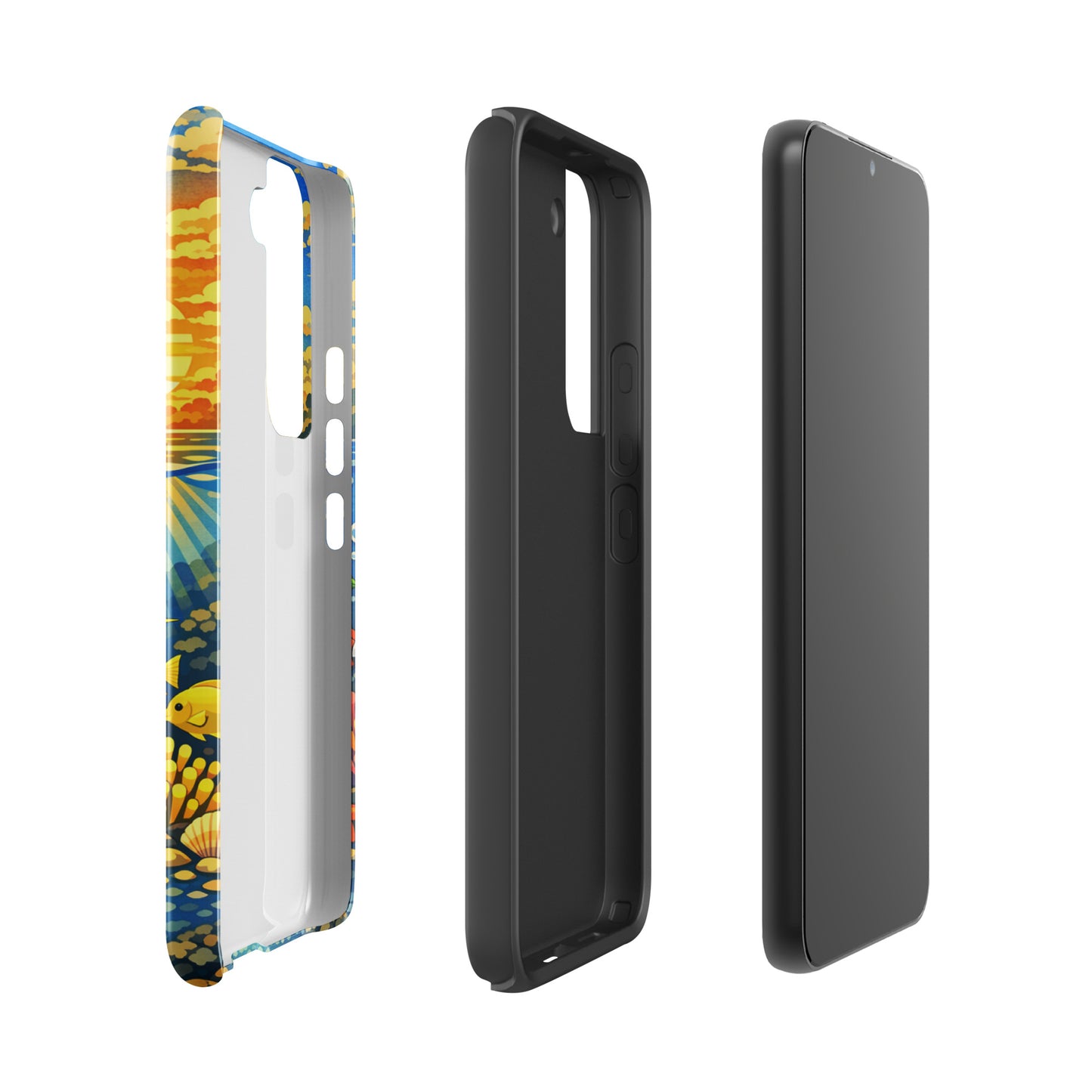 Phone Case for Samsung Galaxy featuring a tropical sunset and underwater reef design with sea life, showcasing vibrant colors and protection.