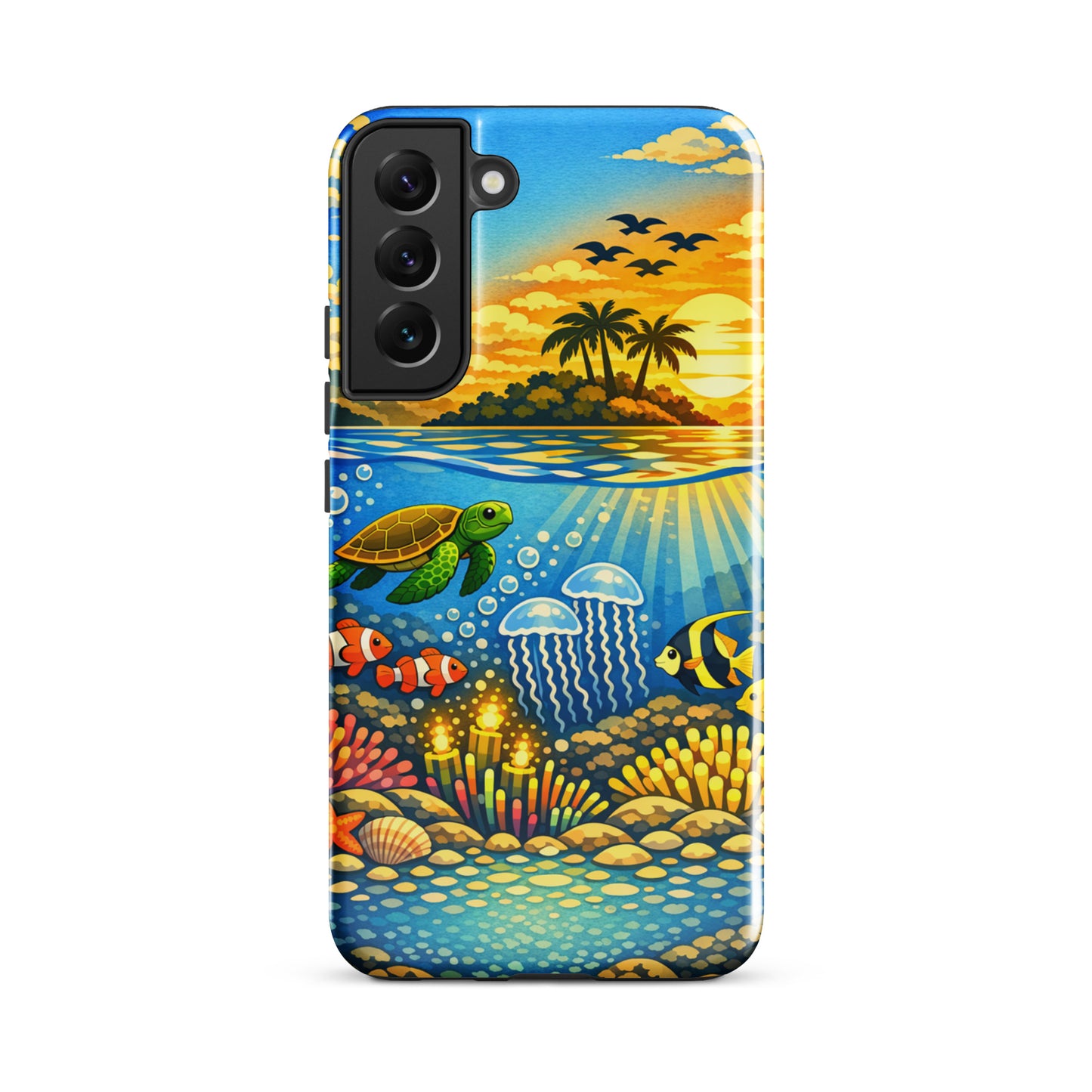 Phone Case for Samsung Galaxy with tropical sunset and underwater reef design featuring sea turtles and clownfish.