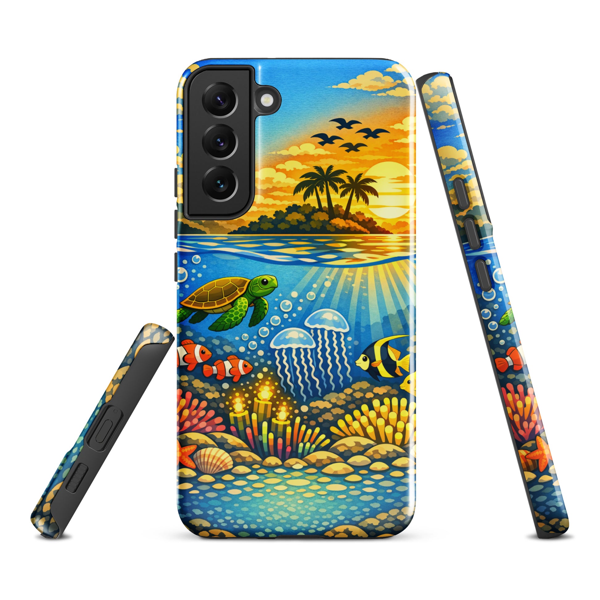 Phone Case for Samsung Galaxy featuring tropical sunset and underwater reef with sea turtles, clownfish, jellyfish, and coral.