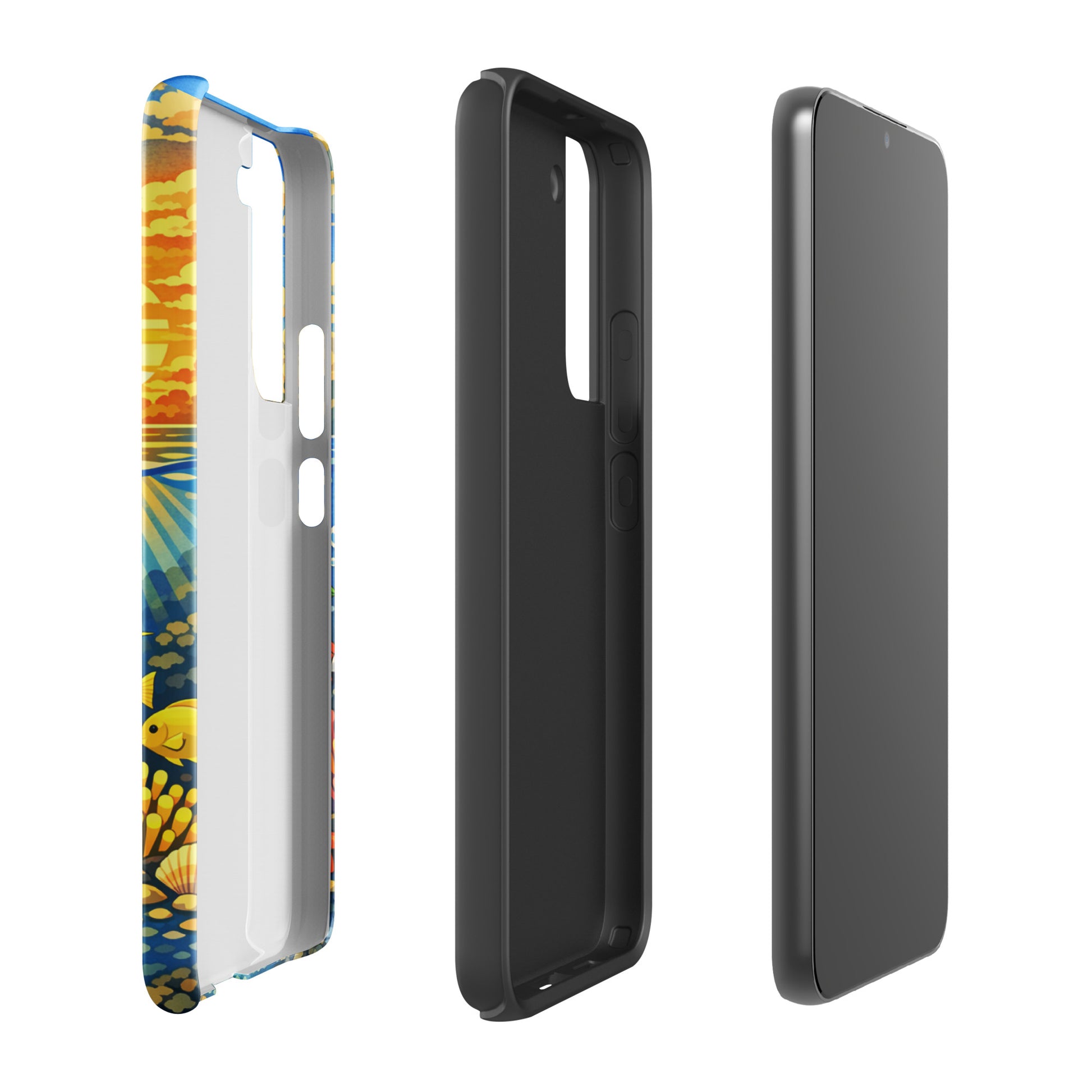 Phone Case for Samsung Galaxy featuring tropical sunset and underwater reef design with sea turtles and coral.