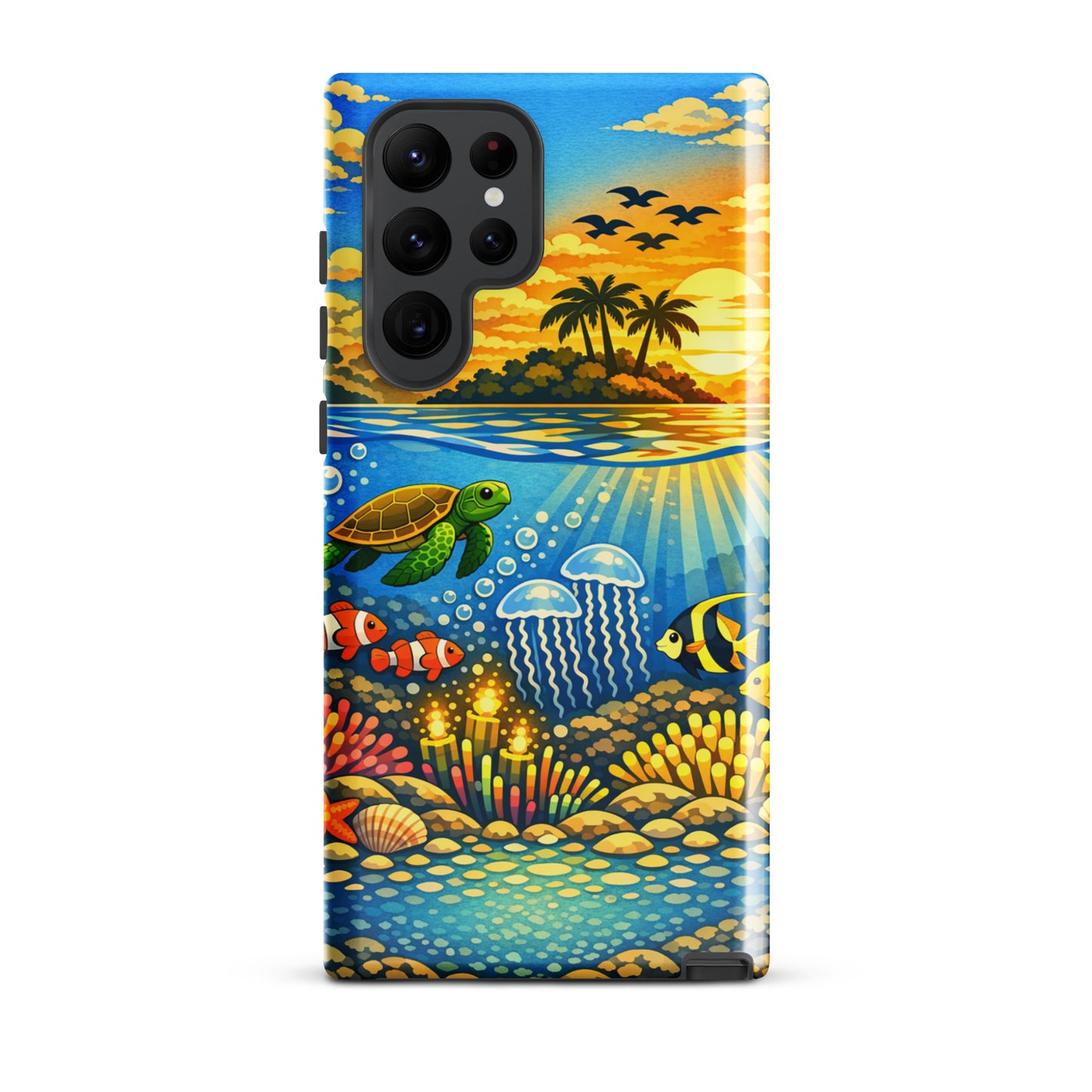 Phone Case for Samsung Galaxy showcasing tropical sunset and underwater reef with sea turtles, clownfish, and vibrant coral.