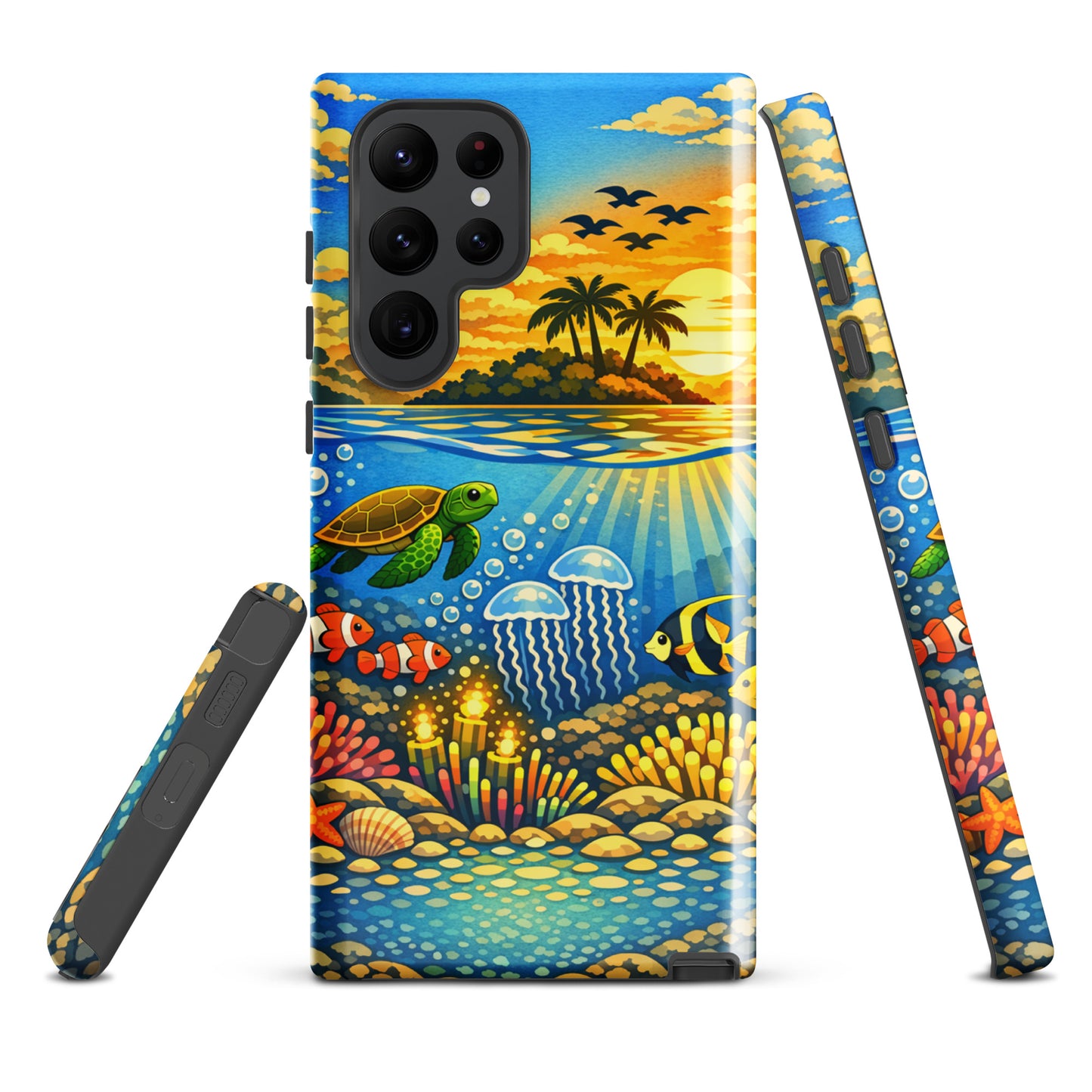 Phone Case for Samsung Galaxy with tropical sunset and vibrant reef design featuring marine life like turtles and fish.
