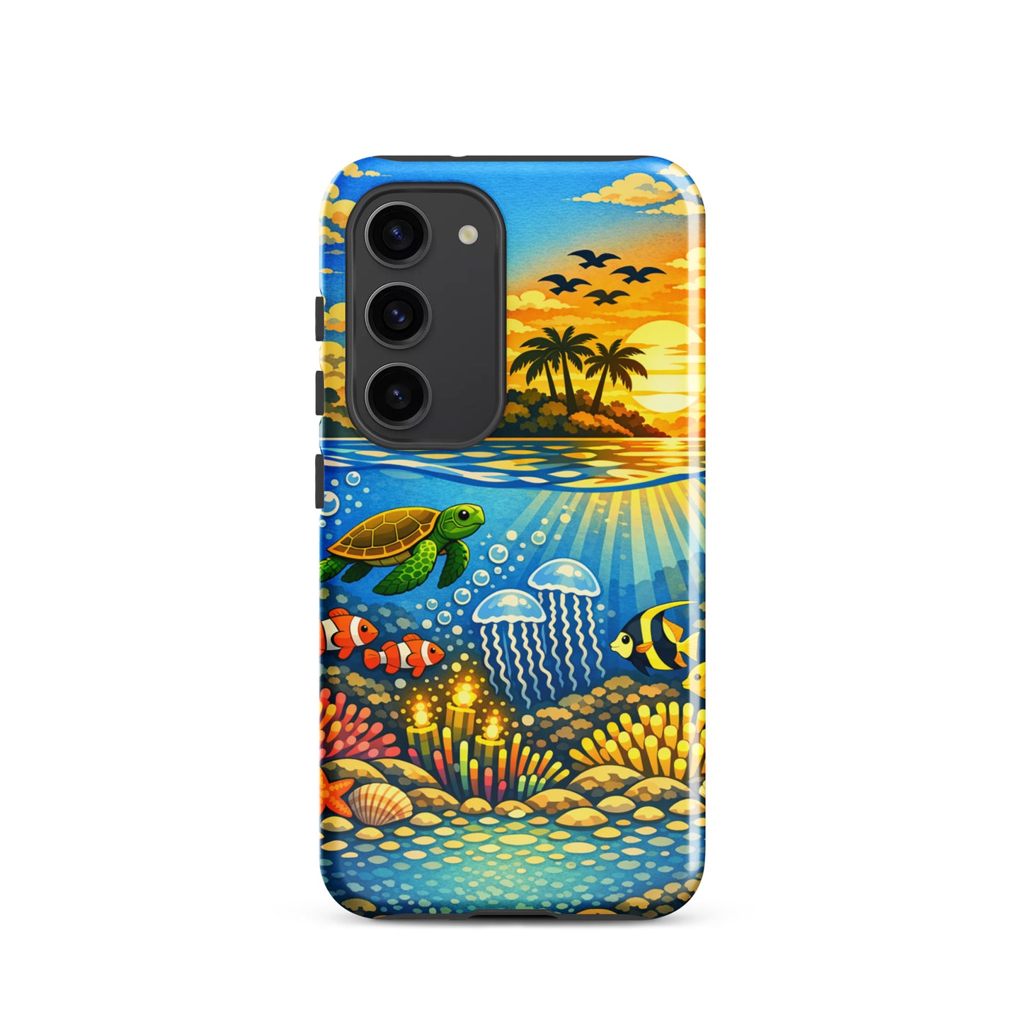 Phone Case for Samsung Galaxy with tropical sunset, palm island, sea turtles, clownfish, jellyfish, and vibrant coral reef illustration.