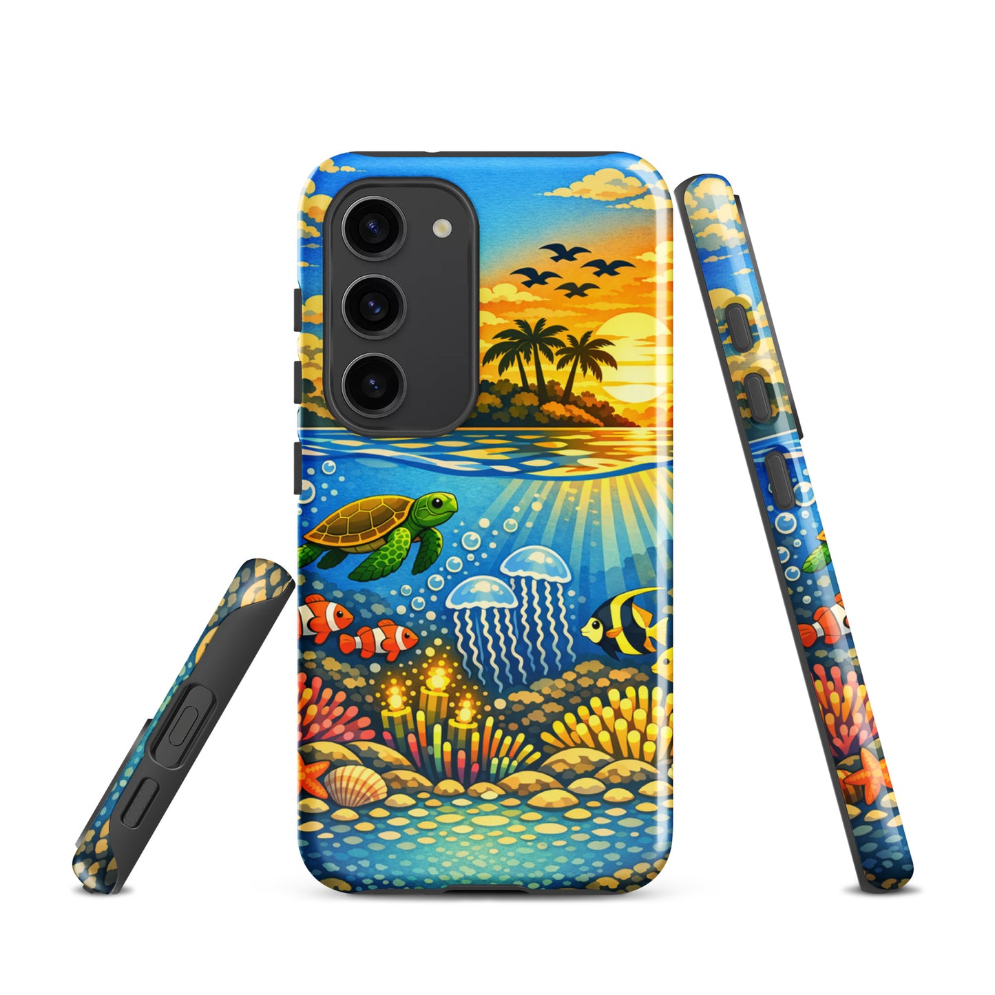 Phone Case for Samsung Galaxy with tropical sunset and vibrant underwater reef illustration featuring sea turtles, fish, and coral.