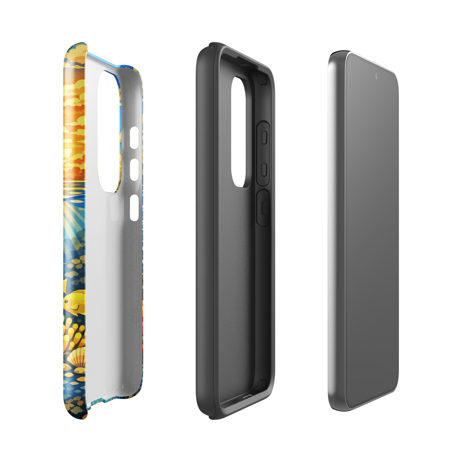 Phone Case for Samsung Galaxy featuring tropical sunset and underwater reef design with sea turtles and coral.