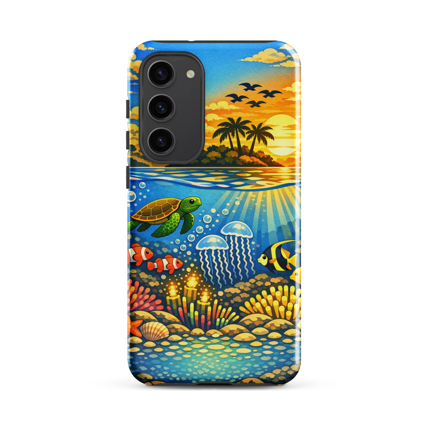 Phone Case for Samsung Galaxy with tropical sunset and underwater reef design featuring sea turtles, clownfish, and coral.