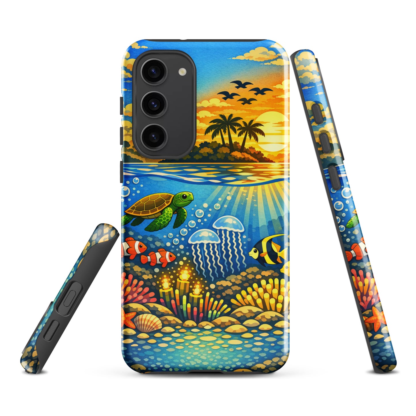 Phone Case for Samsung Galaxy with tropical sunset and underwater reef scene featuring sea turtles, clownfish, jellyfish, and coral.
