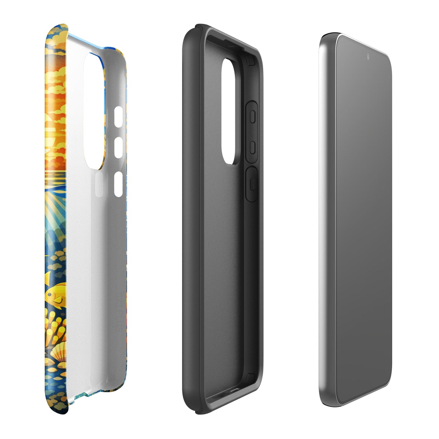 Phone Case for Samsung Galaxy with tropical sunset and underwater reef design, featuring vibrant marine life illustration.