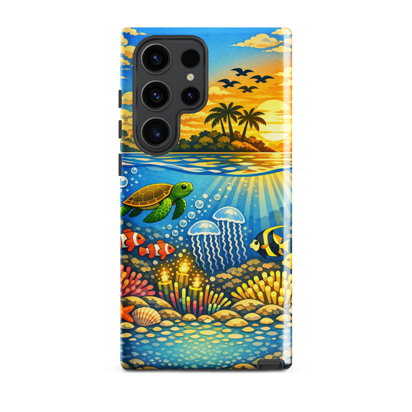 Phone Case for Samsung Galaxy with Tropical Sunset and Underwater Reef illustration featuring sea turtles and coral.