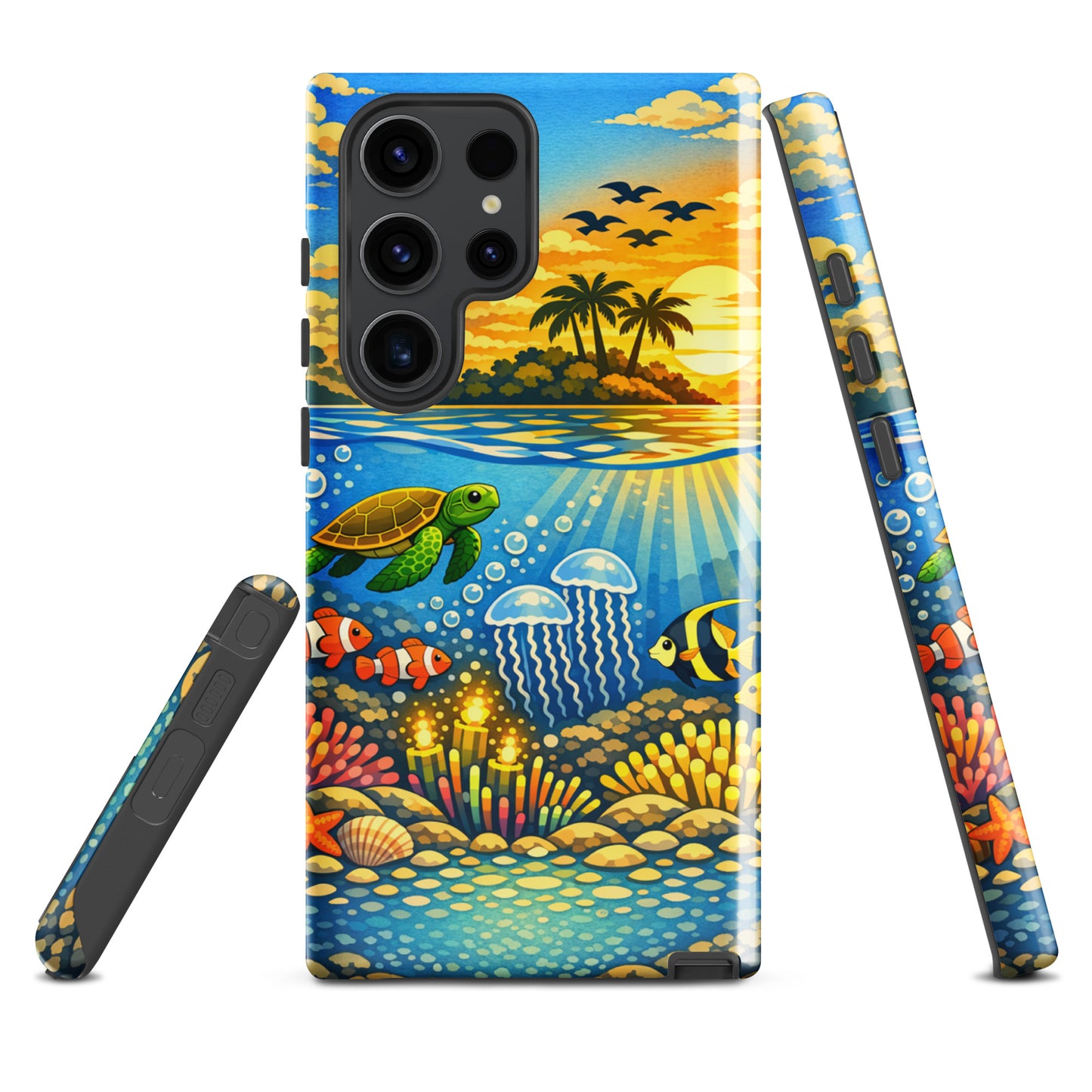Phone Case for Samsung Galaxy with tropical sunset and underwater reef illustration of sea turtles, clownfish, and coral.