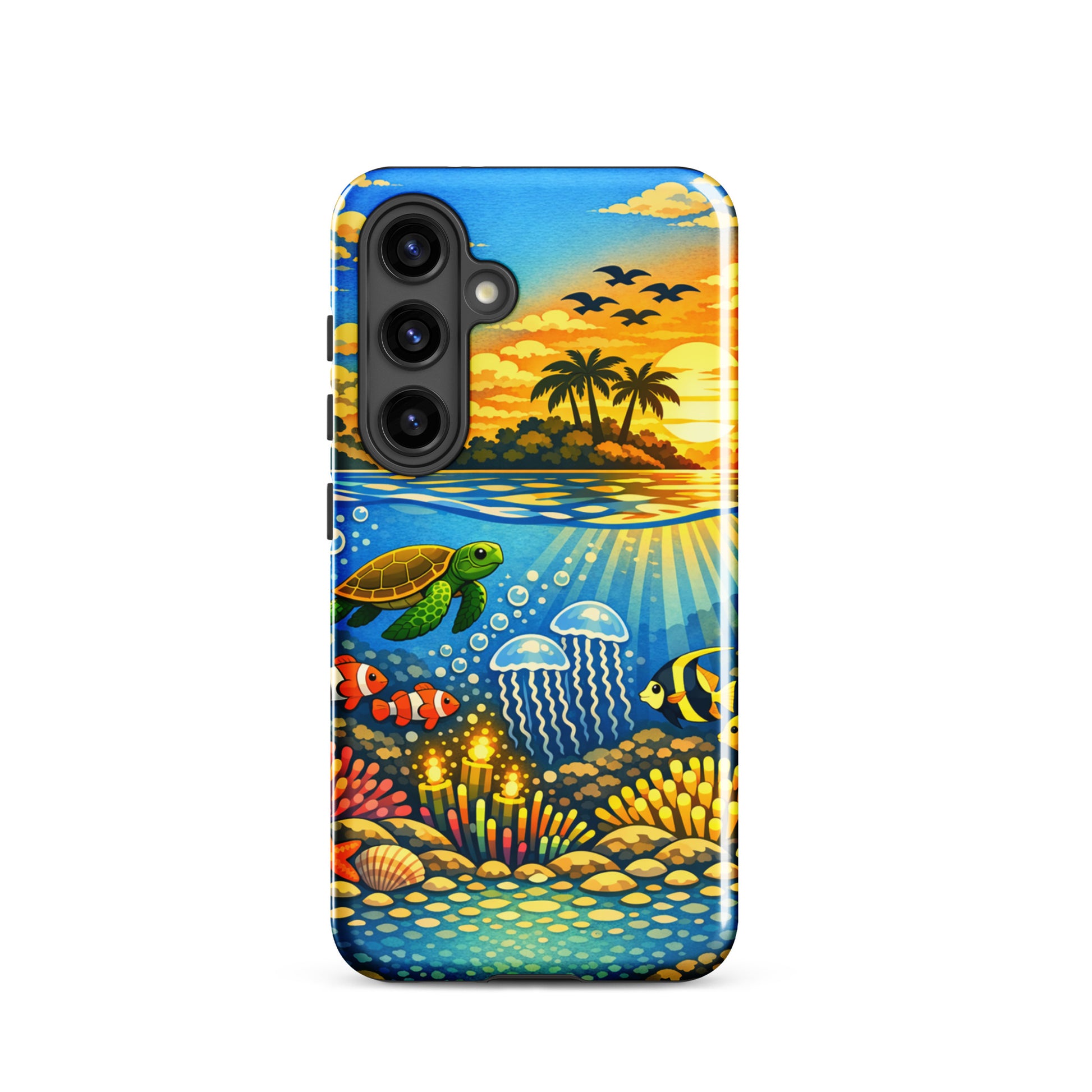 Phone Case for Samsung Galaxy with tropical sunset and underwater reef scene featuring sea turtles, clownfish, jellyfish, and coral.