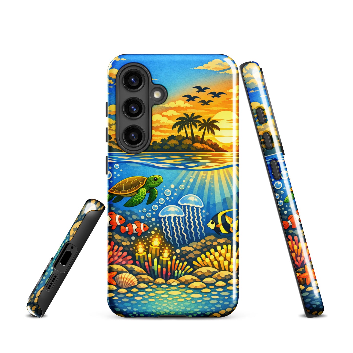 Phone Case for Samsung Galaxy with tropical sunset and underwater reef design featuring sea turtles, clownfish, jellyfish, and coral.