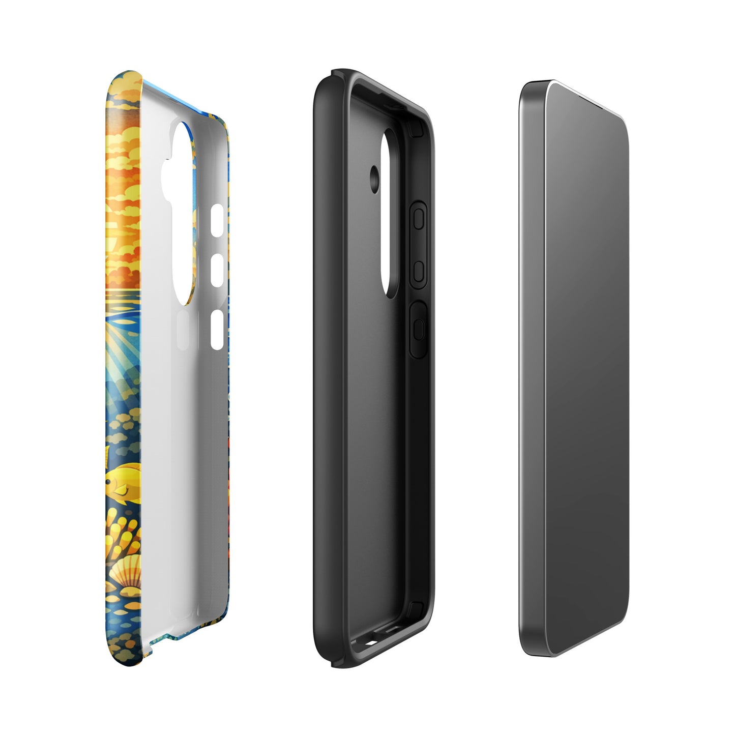 Phone Case for Samsung Galaxy featuring tropical sunset and underwater reef with sea turtles, clownfish, and coral, three-view display.