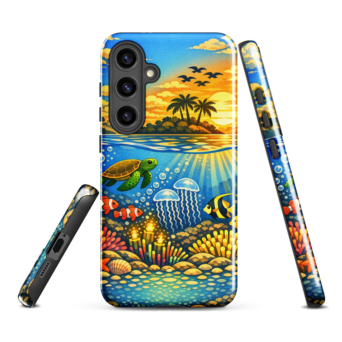 Phone Case for Samsung Galaxy with tropical sunset and underwater reef design featuring sea turtles, coral, and vibrant marine life.