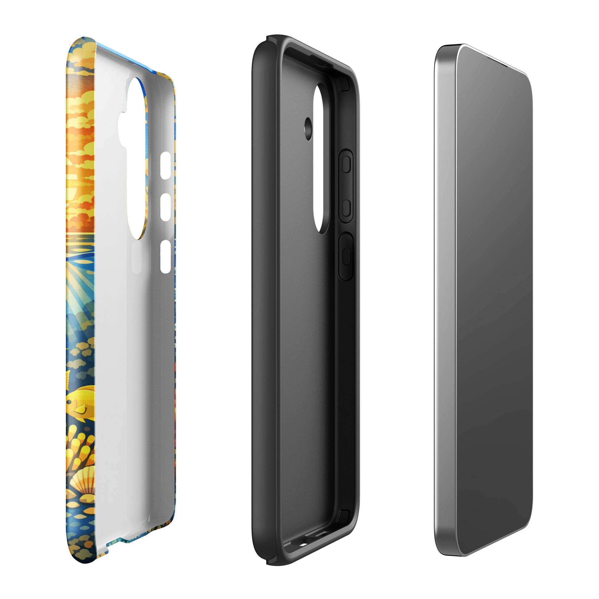 Phone Case for Samsung Galaxy featuring tropical sunset and underwater reef design with sea turtles, clownfish, and coral.