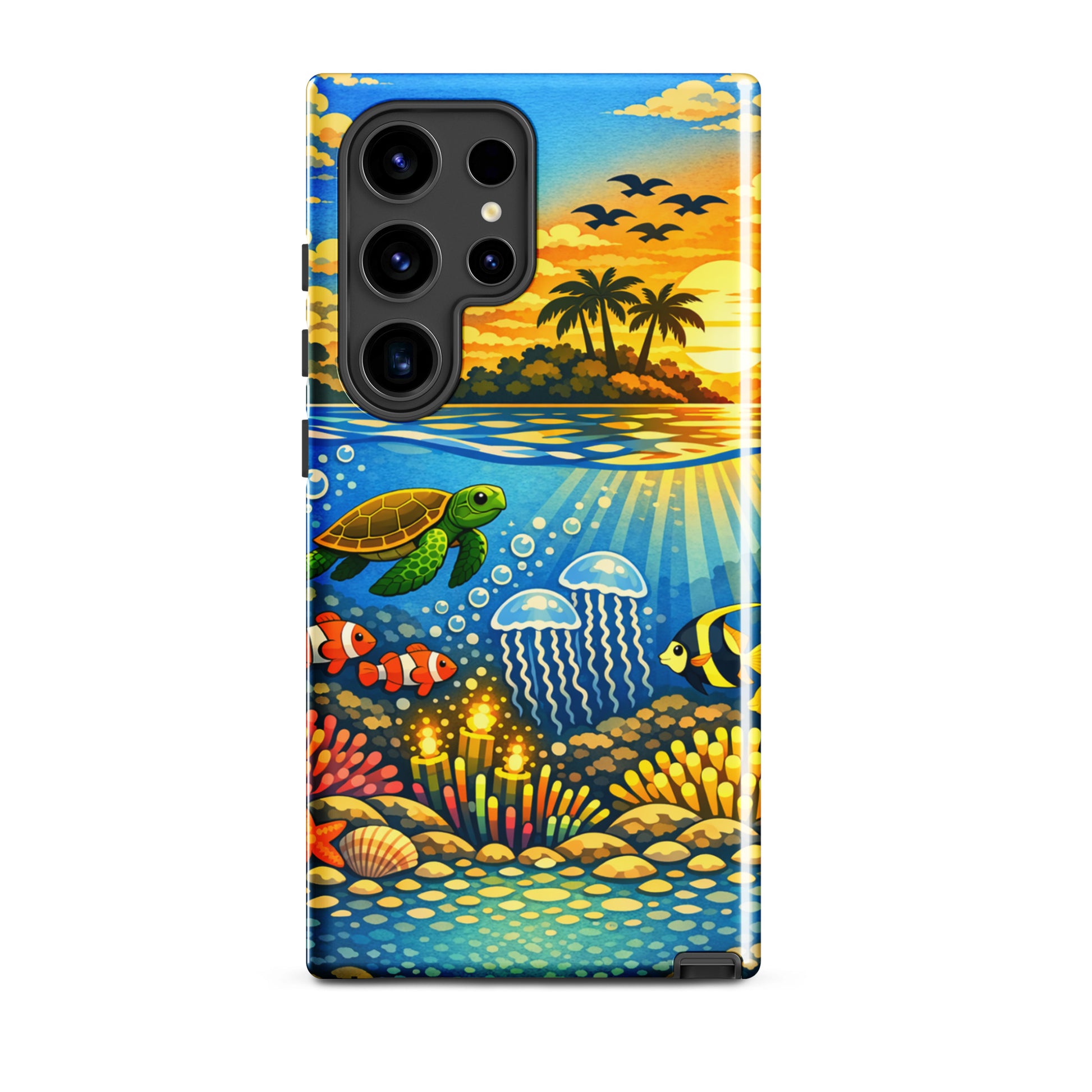 Phone Case for Samsung Galaxy with tropical sunset and underwater reef scene featuring sea turtles, clownfish, and vibrant coral.