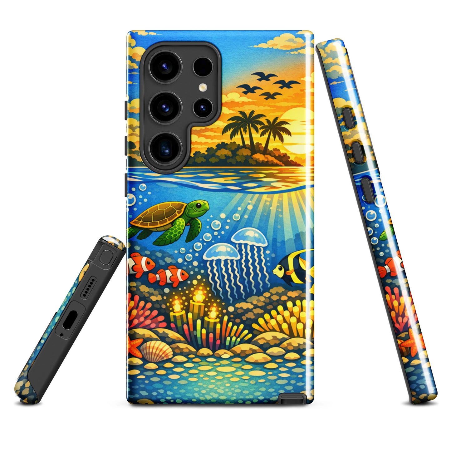 Phone Case for Samsung Galaxy with tropical sunset and underwater reef design, featuring sea turtles, clownfish, and coral.