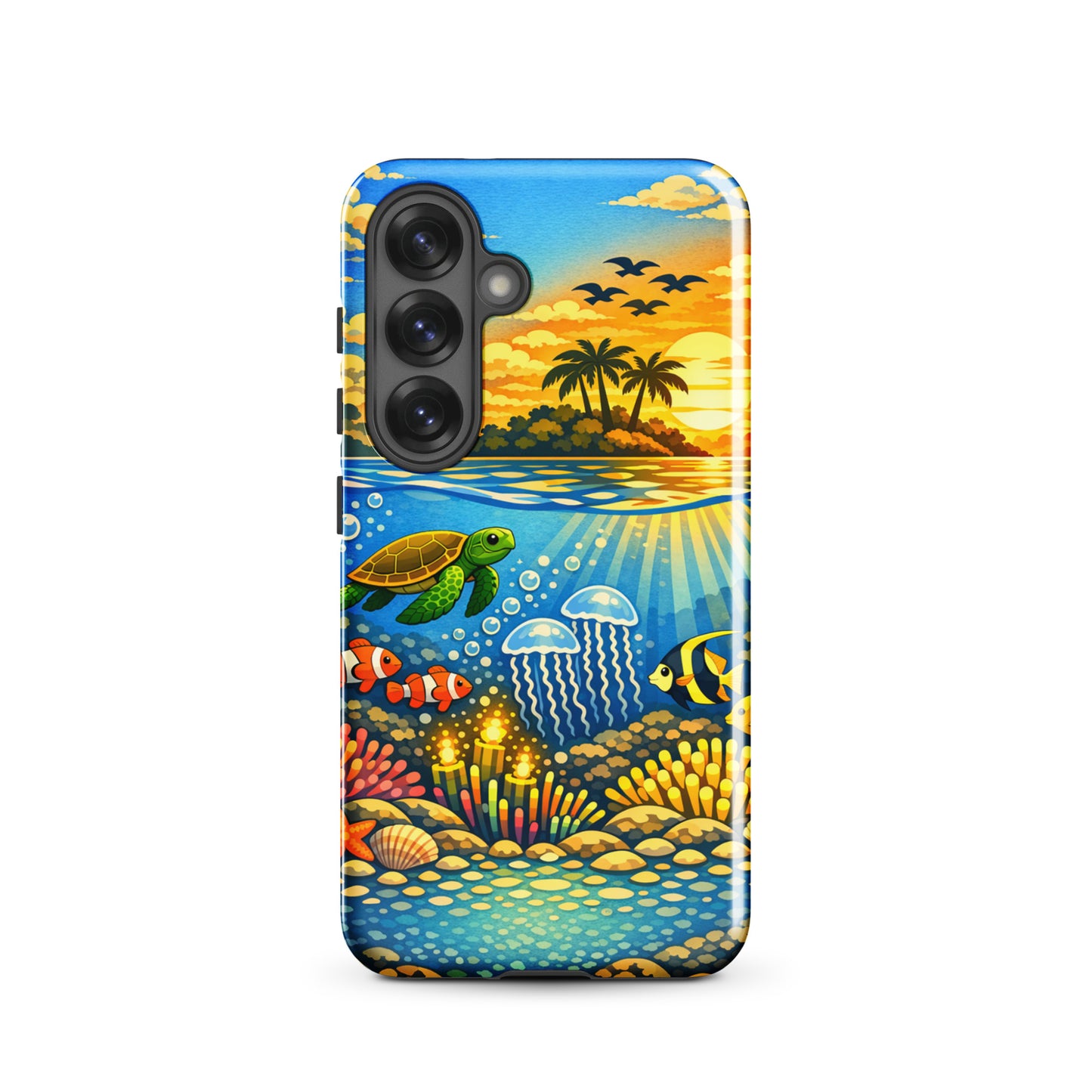 Phone Case for Samsung Galaxy with tropical sunset and underwater reef scene featuring sea turtles, clownfish, and coral.