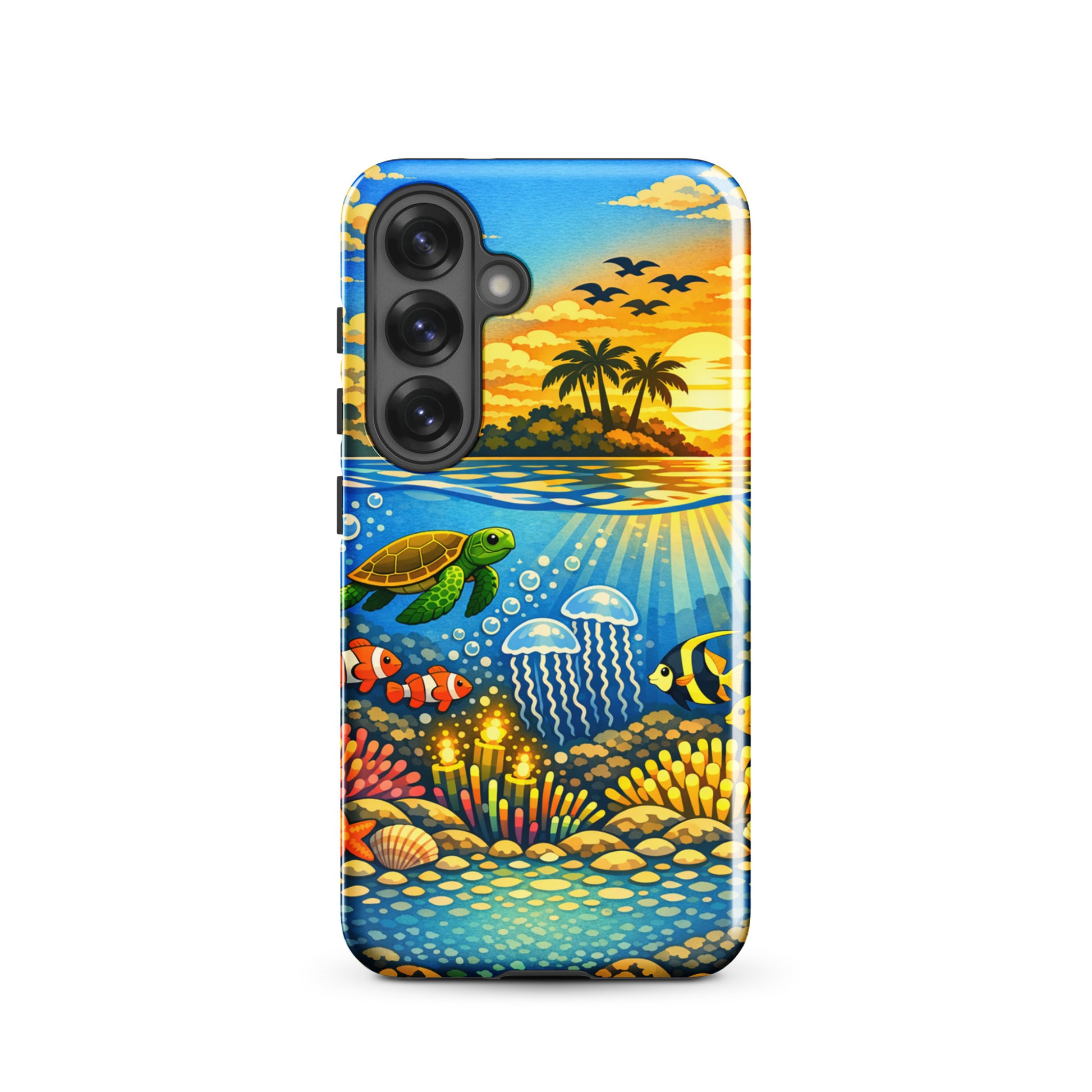 Phone Case for Samsung Galaxy with tropical sunset and underwater reef scene featuring sea turtles, clownfish, and coral.