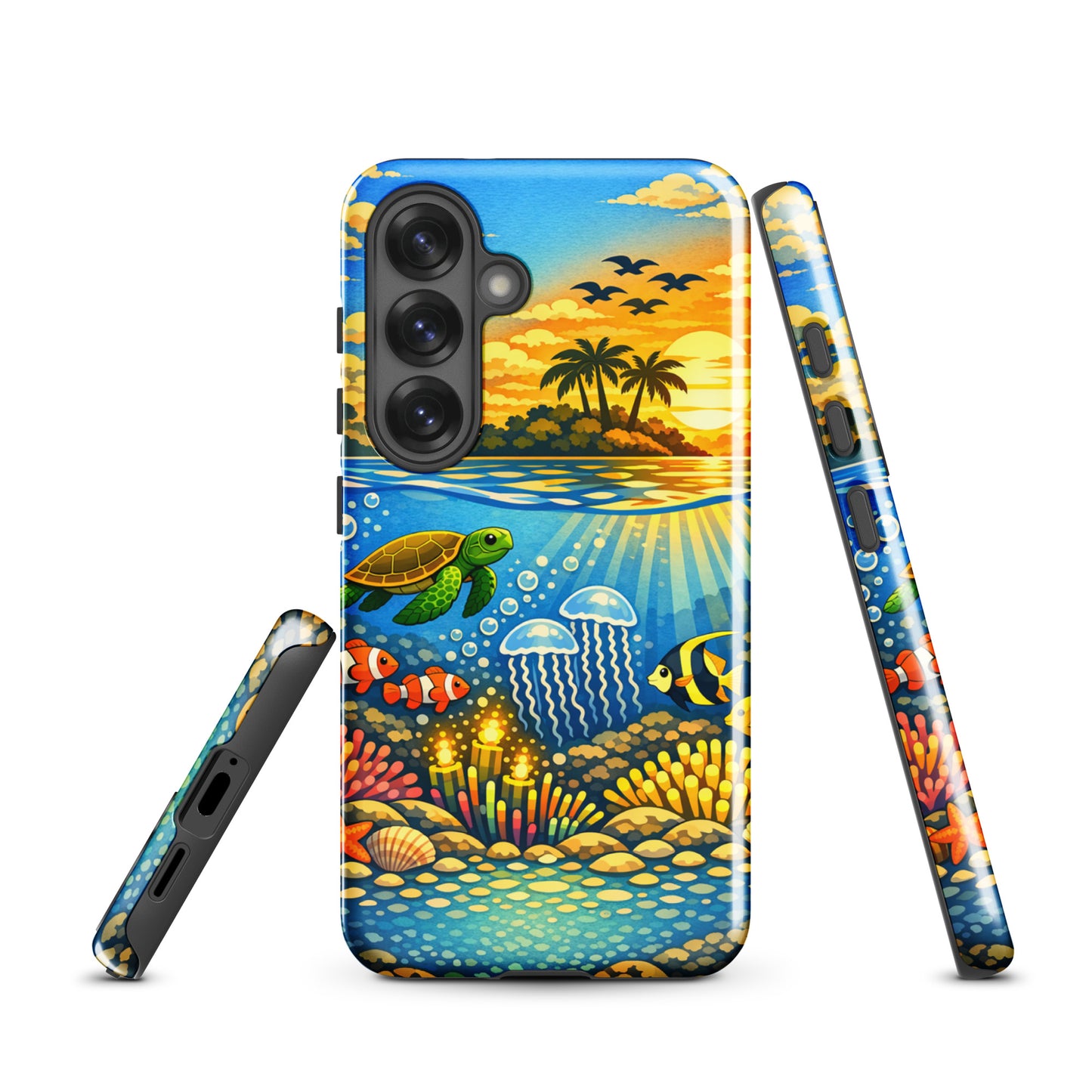 Phone Case for Samsung Galaxy with tropical sunset and underwater reef illustration featuring sea turtles, coral, and vibrant marine life.