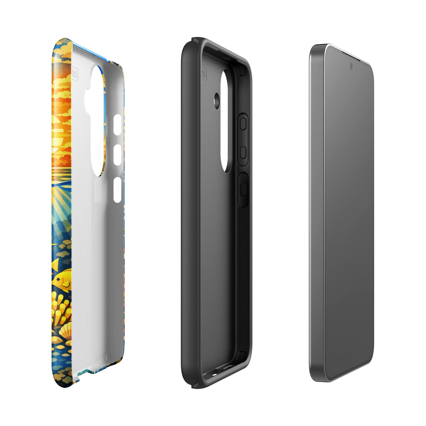 Phone Case for Samsung Galaxy with tropical sunset and underwater reef featuring sea turtles and clownfish.