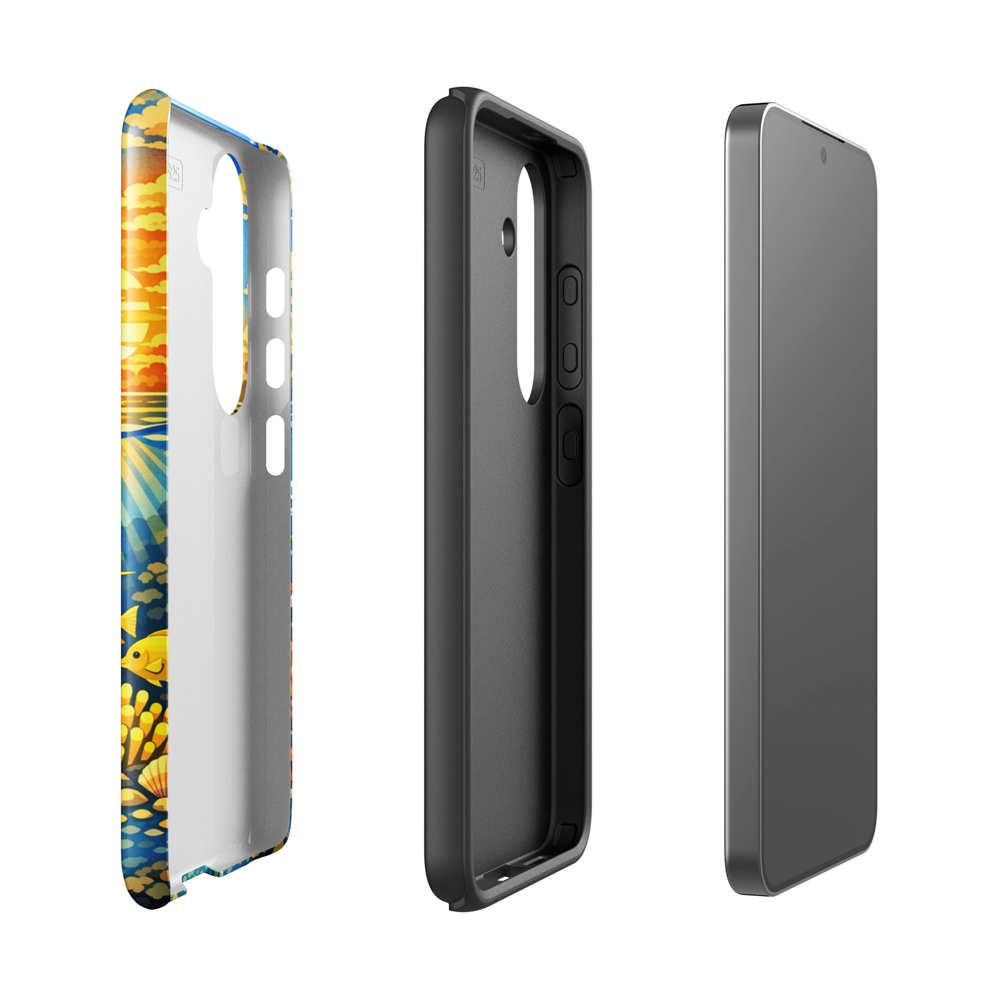 Phone Case for Samsung Galaxy with tropical sunset and underwater reef featuring sea turtles and clownfish.