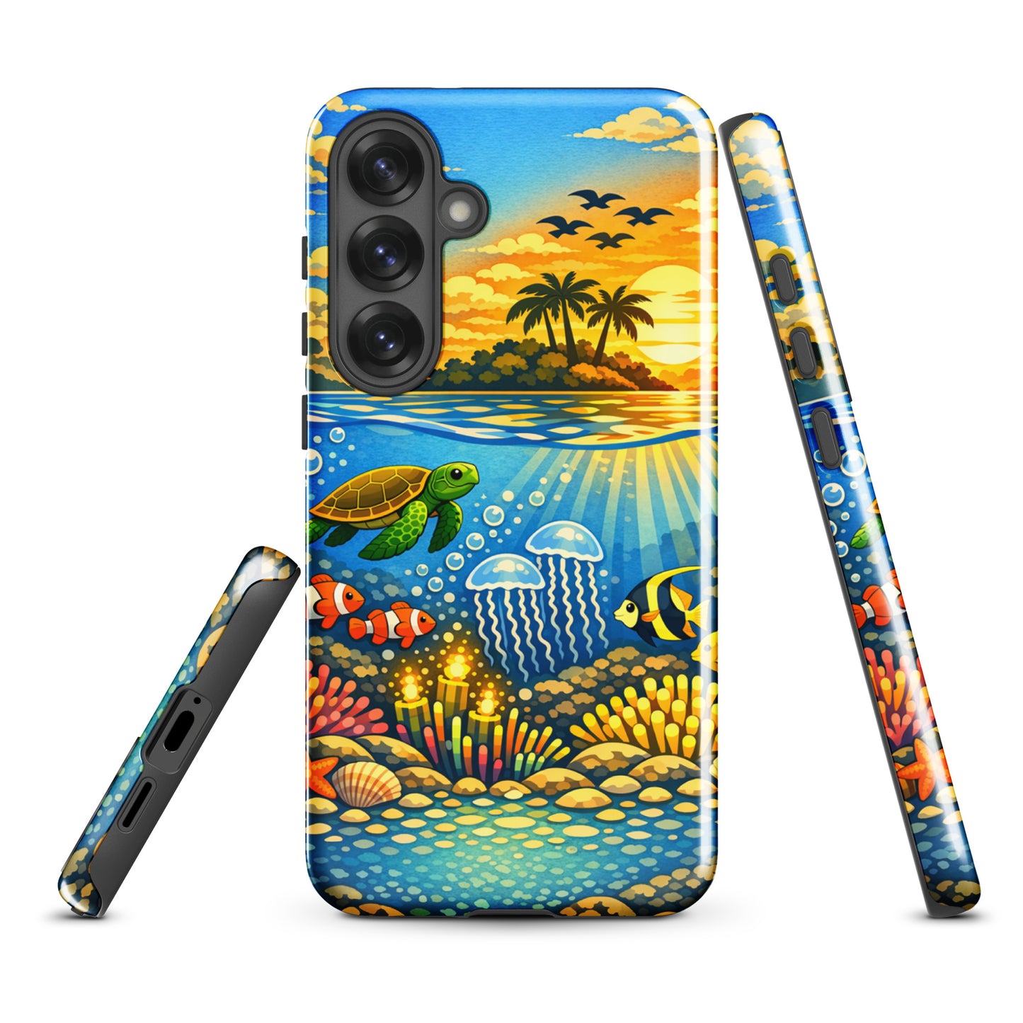 Phone Case for Samsung Galaxy featuring tropical sunset and vibrant underwater reef with sea turtles and coral.
