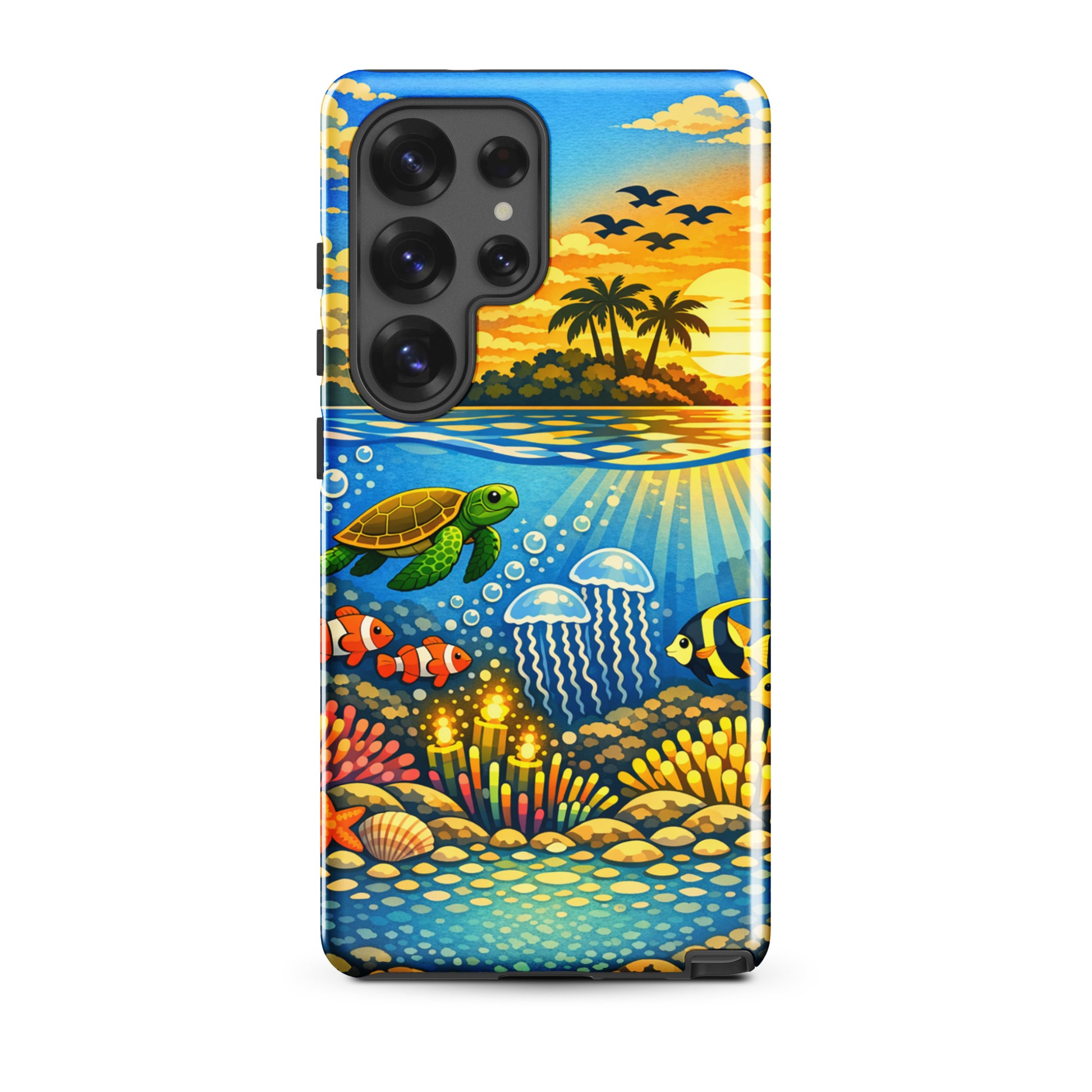 Phone Case for Samsung Galaxy with tropical sunset island and underwater reef featuring sea turtles and colorful marine life.